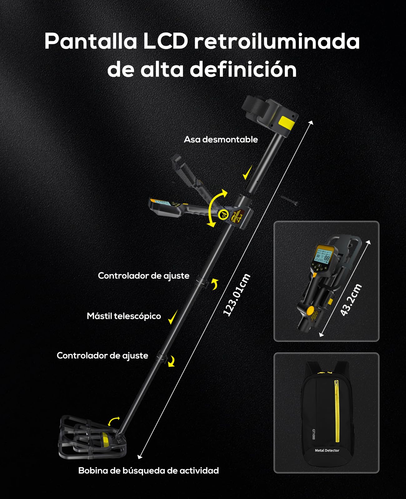 Detector de Metales para Adultos a Prueba de Agua - Detector de Oro Profesional Inalámbrico Recargable de 2000mAh con Pantalla LCD, Mayor Precisión, Retráctil y Plegable, con Bobina de 10" IP68