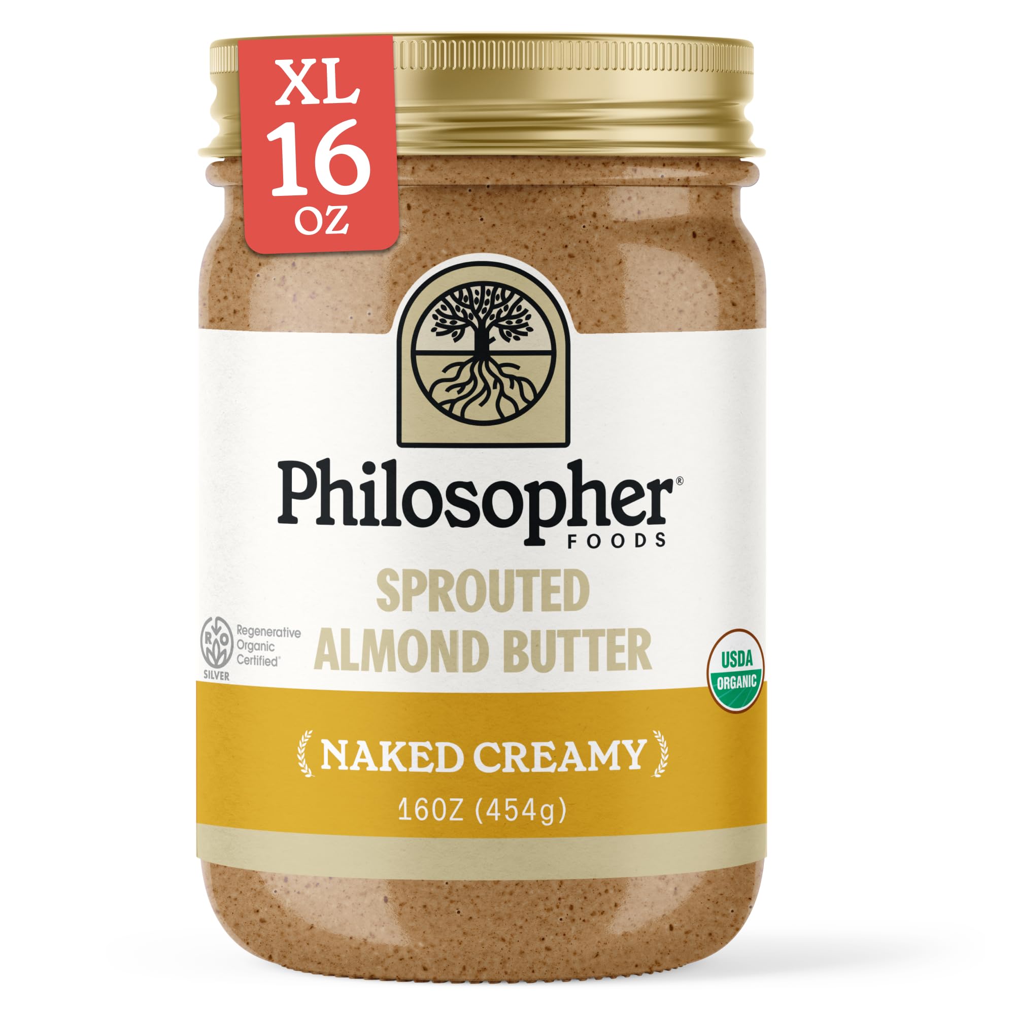 - Philosopher Foods - Naked Creamy Organic Sprouted Almond Butter - 16 oz - Stone Ground Regenerative Organic Creamy Almond Nut Butter No Sugar Added