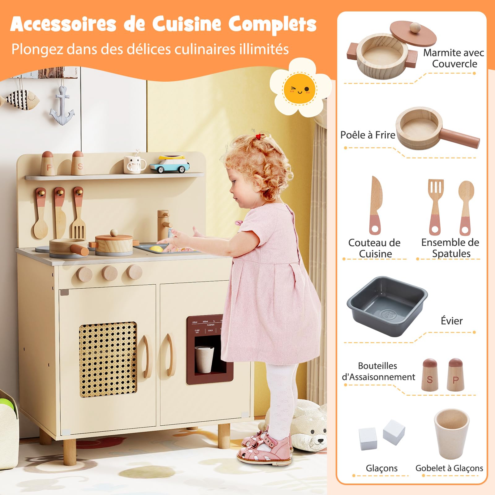 COSTWAY Cuisine Enfant en Bois avec Distributeur de Glace, 11 Accessoires, Jeu de Cuisine avec Cuisinière et Évier, Étagères et Armoire et Porte-Serviettes, Jeu d'Imitation pour 3 Ans+ (Jaune)
