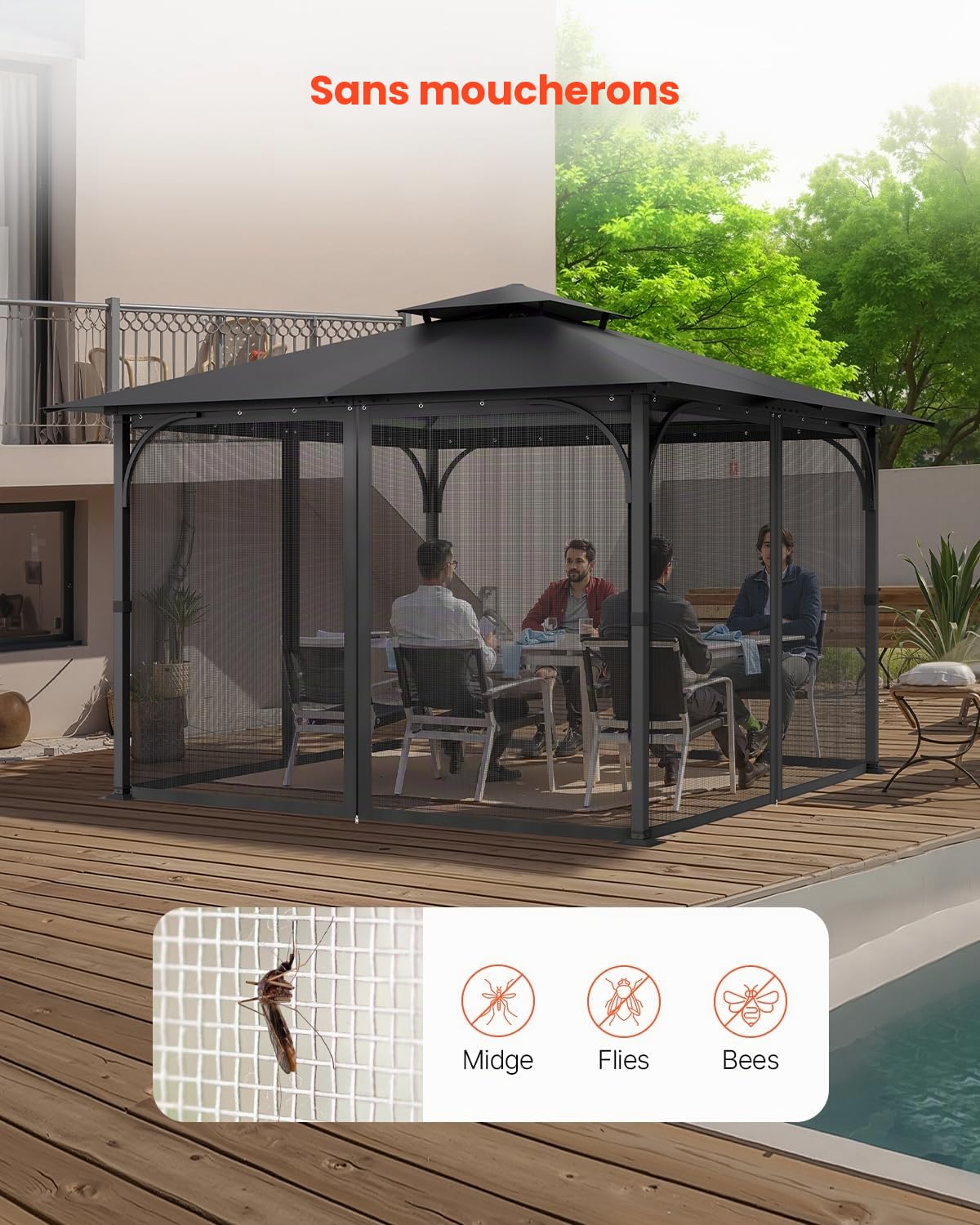 VEVOR Moustiquaire Tonnelle de 304,8x304,8x198,1 cm, Moustiquaire Gazebo Extérieur, avec Double Fermeture Éclair, Rideau de Tonnelle en Maille Anti-moucherons pour Jardin, Patio, Filet Uniquement