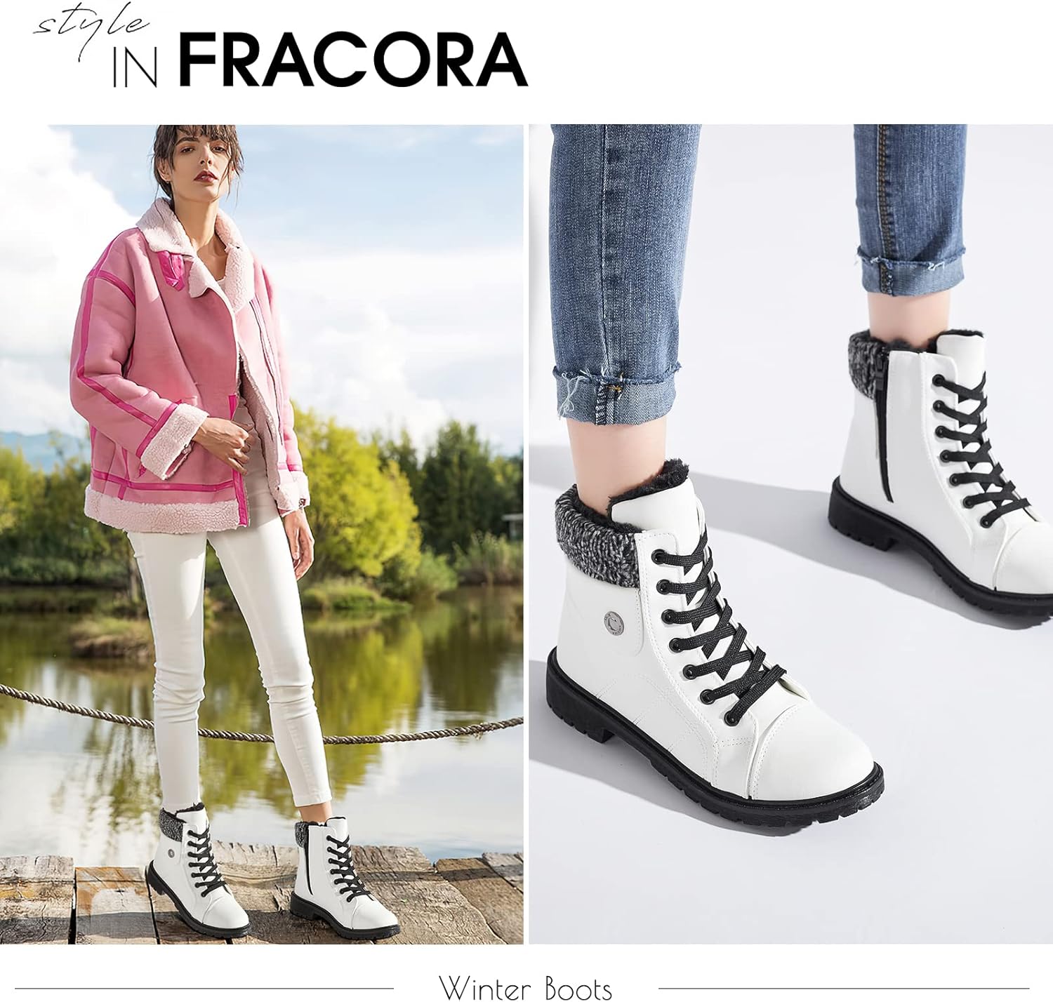 FRACORA Women's PU Leather Combat Boots Warm Fur Lined Black Ankle Booties Side Zipper White Boots Non-slip Winter Boots - Image 6