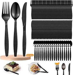 90 Stück Plastikbesteck Schwarz Set, 30 Plastikgabeln, Plastikmesser und PlastikLöffel Party Besteck Plastik Schwarz und Robustem Bestecksets für Familienfeiern, Outdoor Dinner