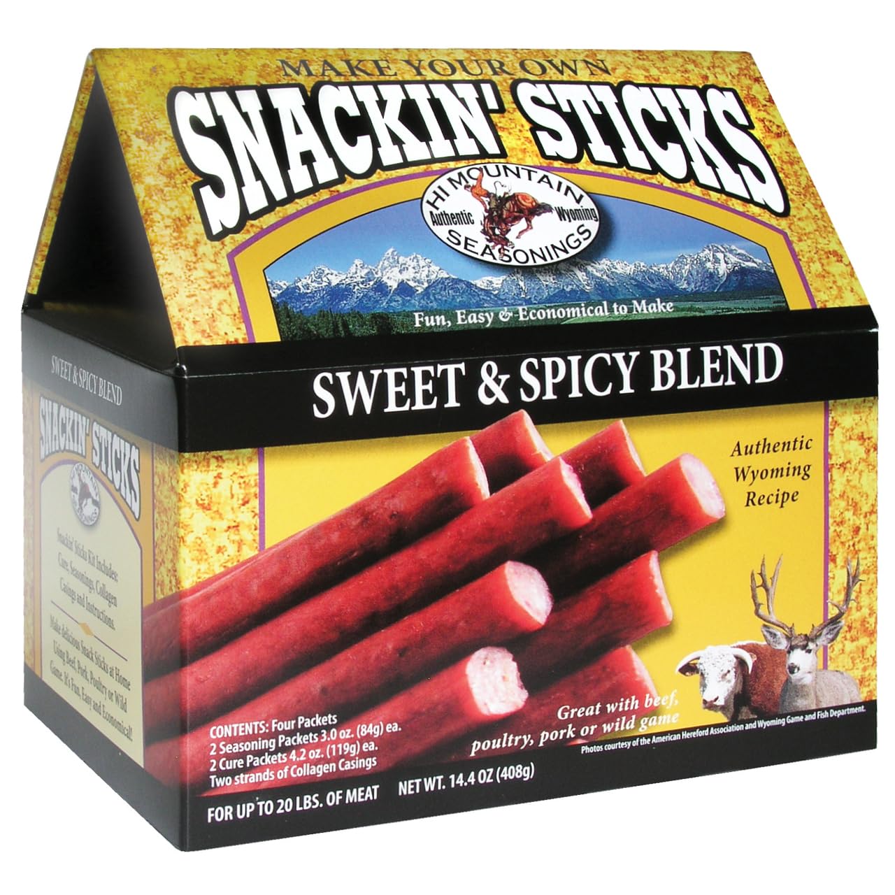 Hi Mountain Seasonings ǀ Snack Stick Seasoning Kit ǀ SWEET & SPICY BLEND ǀ Includes Seasoning, Cure, Casings, & Directions ǀ Seasons up to 20 lbs of Meat ǀ Beef, Pork, Venison, Deer, & Wild Game
