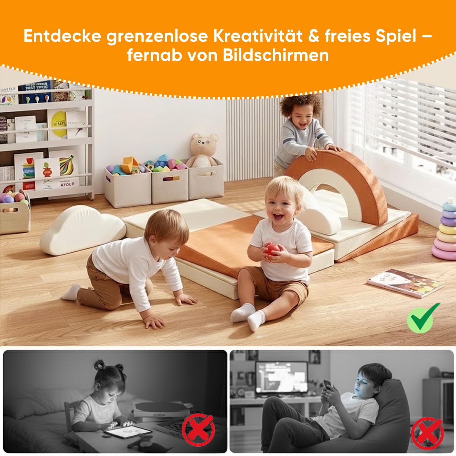Kinder Spielsofa – 11-TLG. Modulares Kindersofa 140x65x63 cm, Samtbezug wasserabweisend, 25D PU-Schaum, Spielcouch fürs Kinderzimmer, CE EN71 & OEKO-TEX, Kinder Sofa Inkl. Sticker Geschenk
