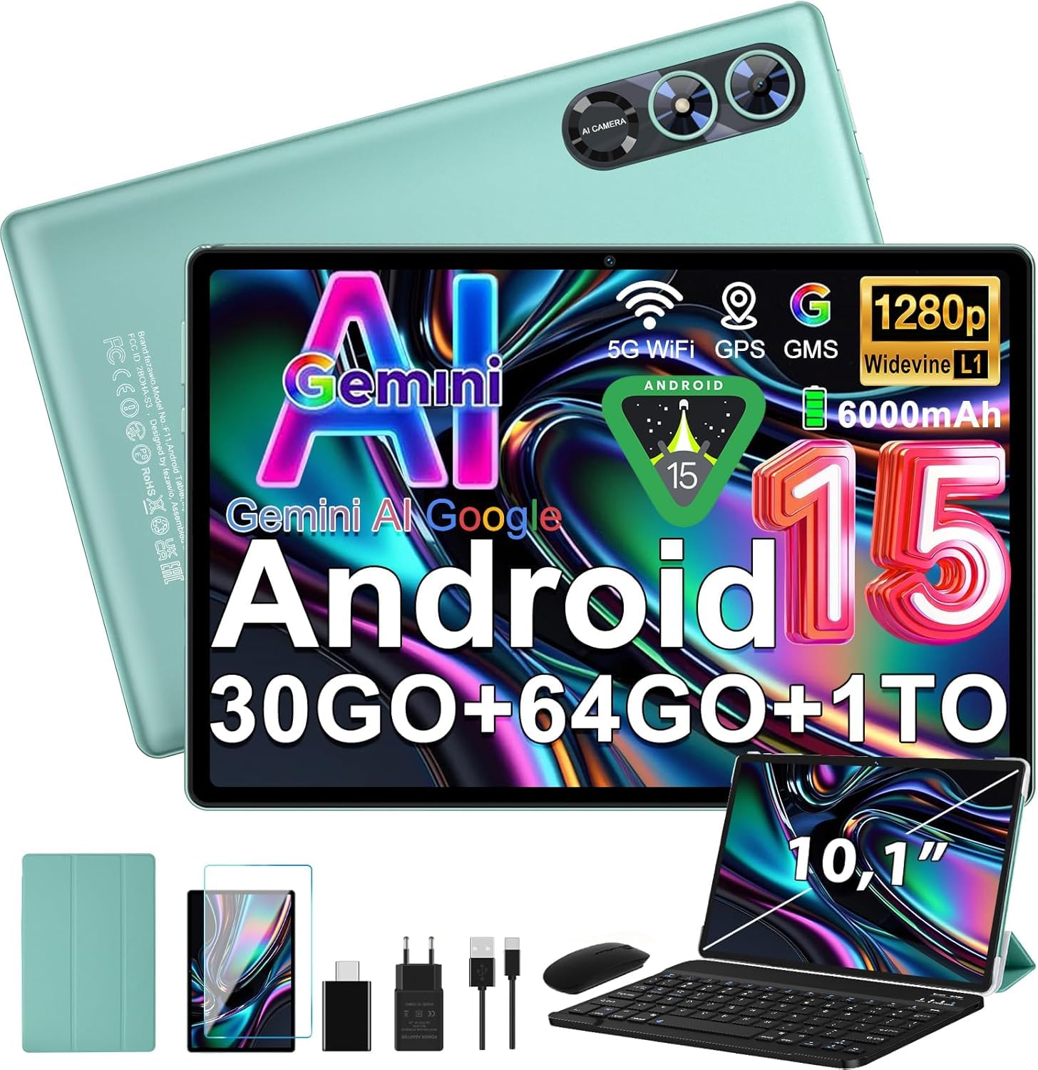 Android 15 Tablette 10 Pouces avec Gemini AI, Octa-Core Tablettes PC, 30 GO RAM+ 64 GO ROM (1TO TF), 3.5mm Audio/ WiFi 6 & BT 5.0 / 6000mAh /GPS/Widevine L1,Tablettes avec Clavier+Souris et Cas-vert