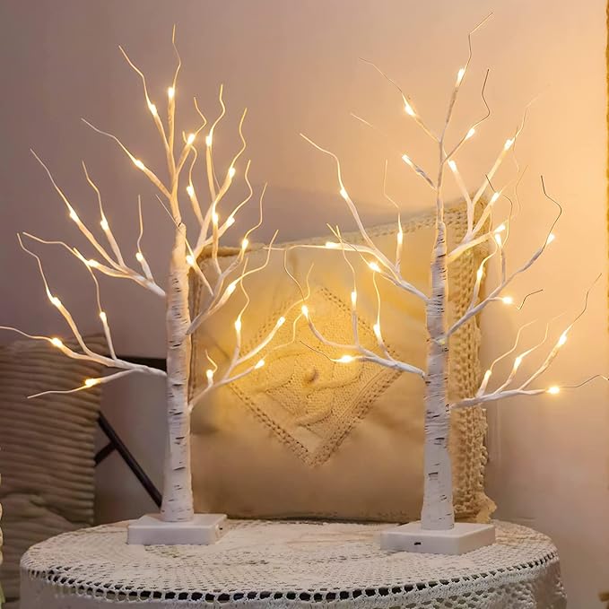 2 Pack 2FT Lighted Birch Tree for Tabletop, Birch Christmas Tree with
