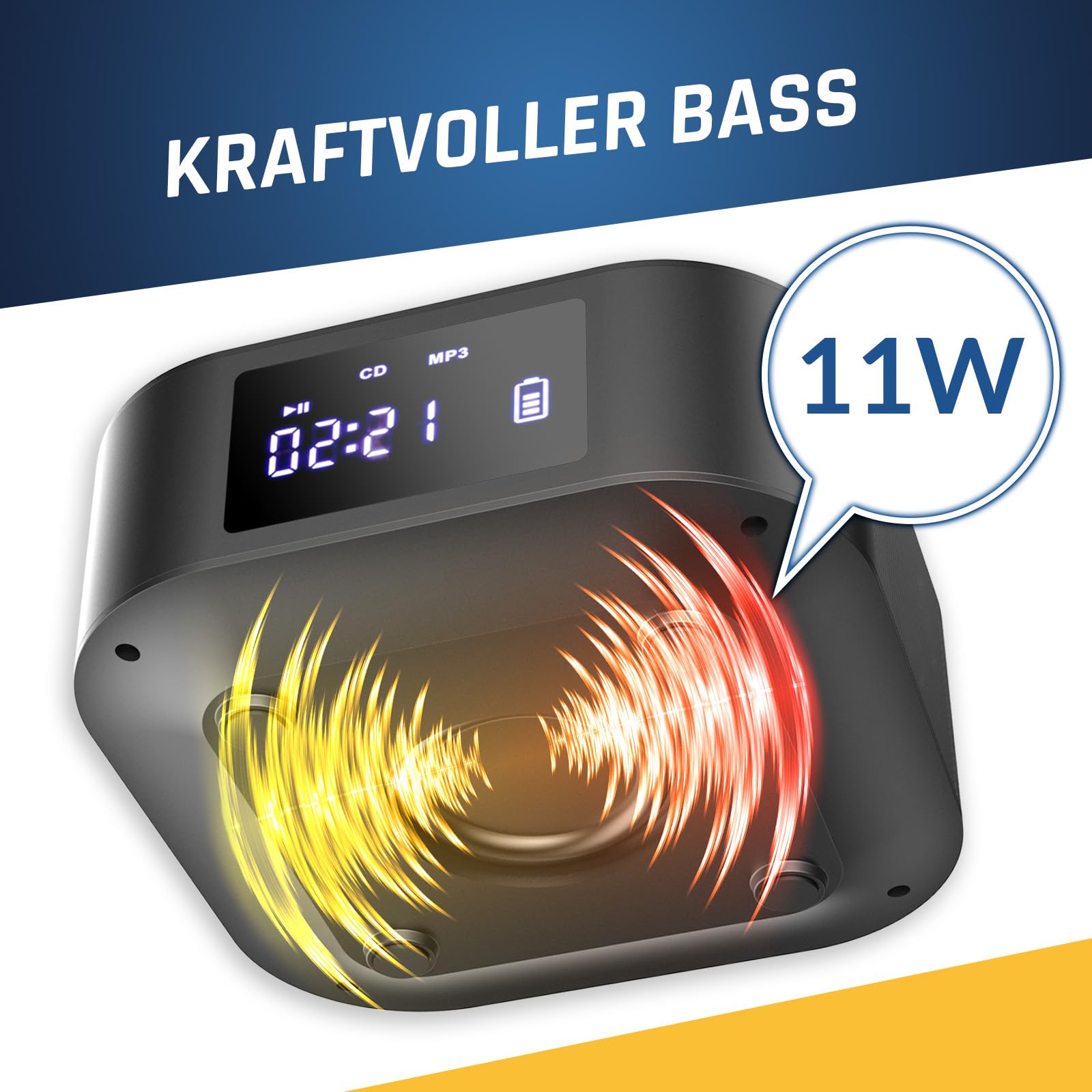 KLIM Boombox E1 Radio mit CD Player - BASS Boost mit Tieftöner - FM Radio, MP3, Bluetooth, AUX, USB, Kompakt Disc - CD Player tragbar mit kabellosem Modus und aufladbaren Akku - Mit Fernbedienung
