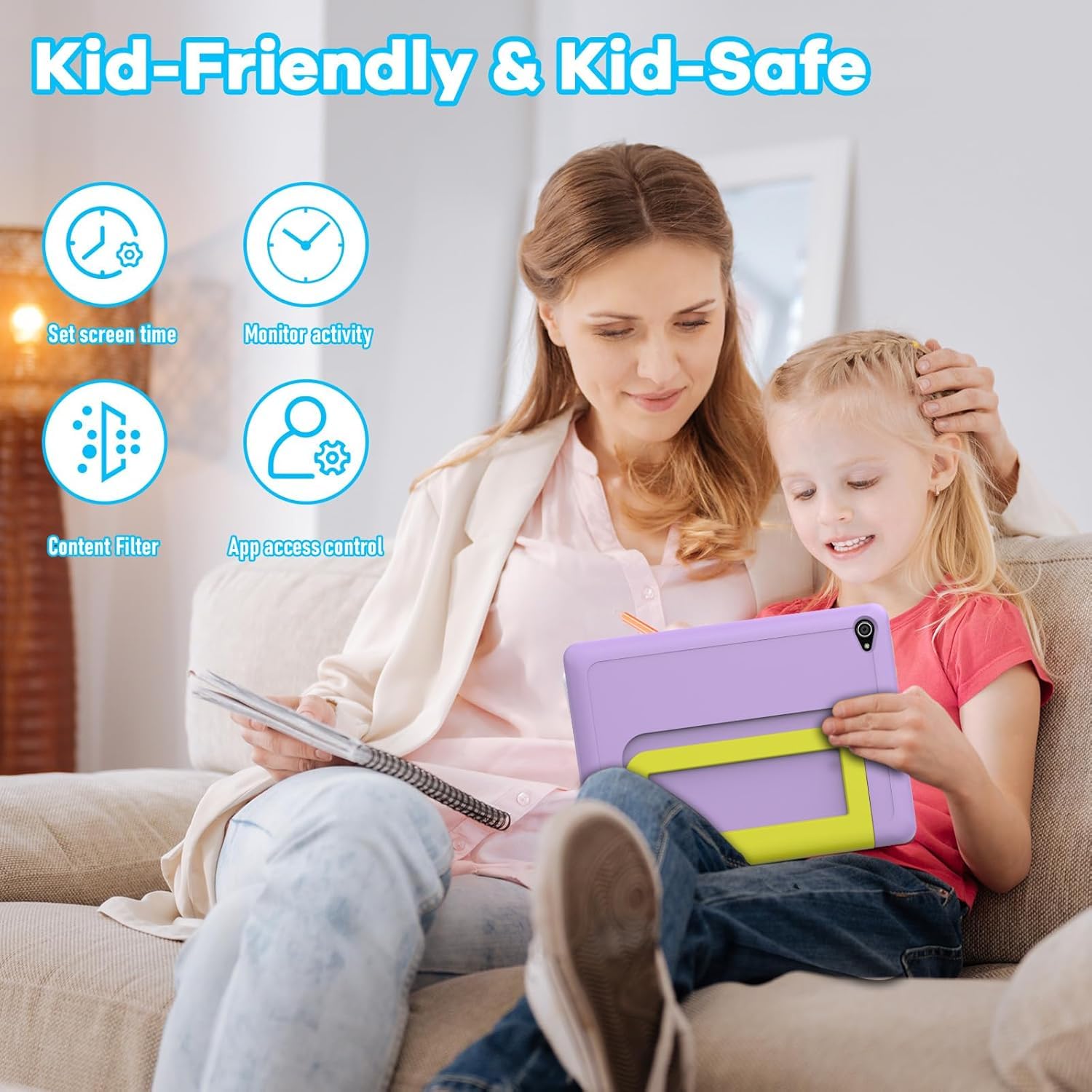 MUISOO 10 Inch Kids Tablet, Android 14 tablet for kids with Octa Core Processor, 8GB RAM 64GB ROM 1TB TF, 5000mAh Battery, WiFi, Bluetooth, Type-C, Kids Tablets with 8+5MP Dual Camera (Purple) — view 2