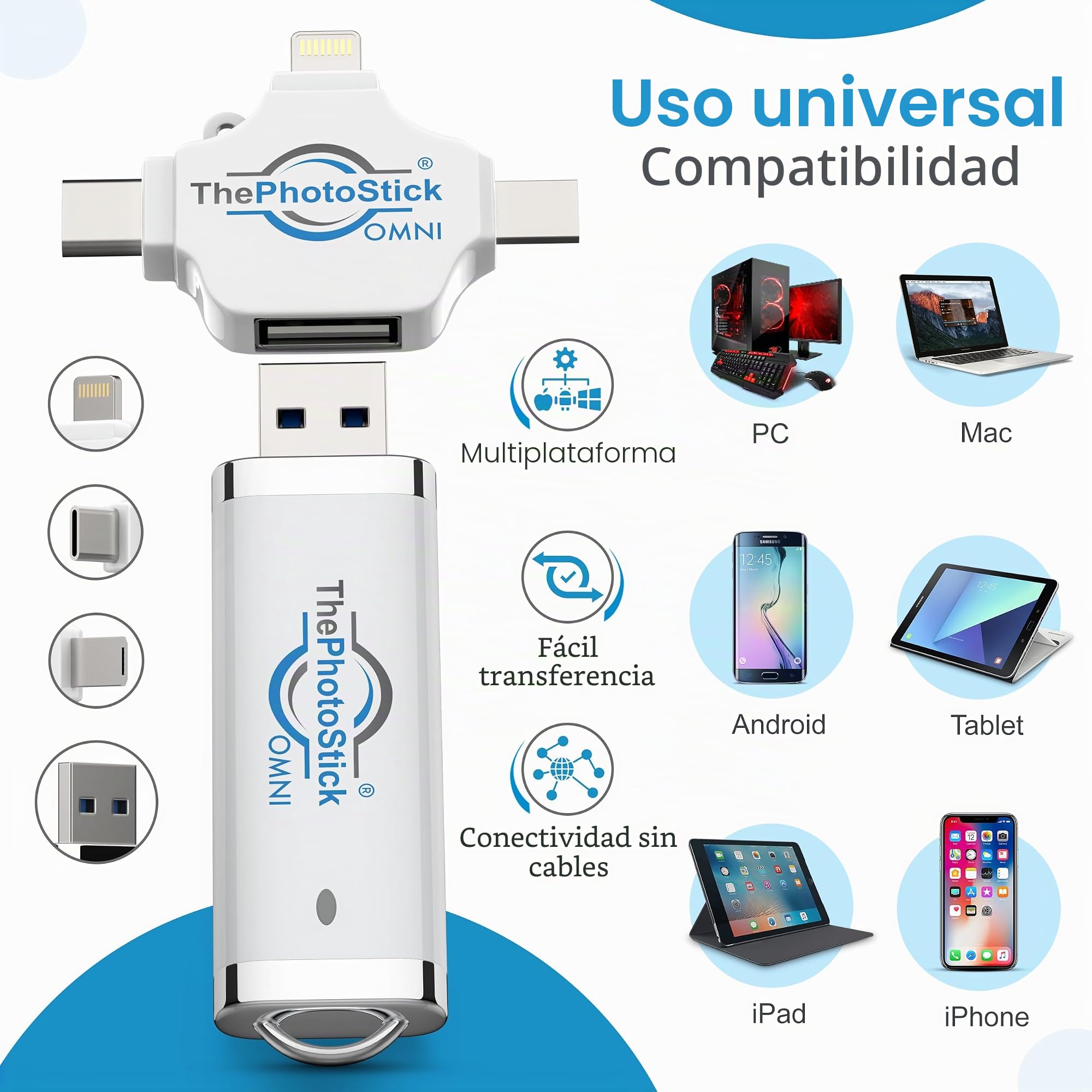 ThePhotoStick Omni - Memoria USB de 64 GB y memoria USB para iPhone, Android, Mac y PC, conexión multipuerto para un fácil almacenamiento y transferencia de archivos