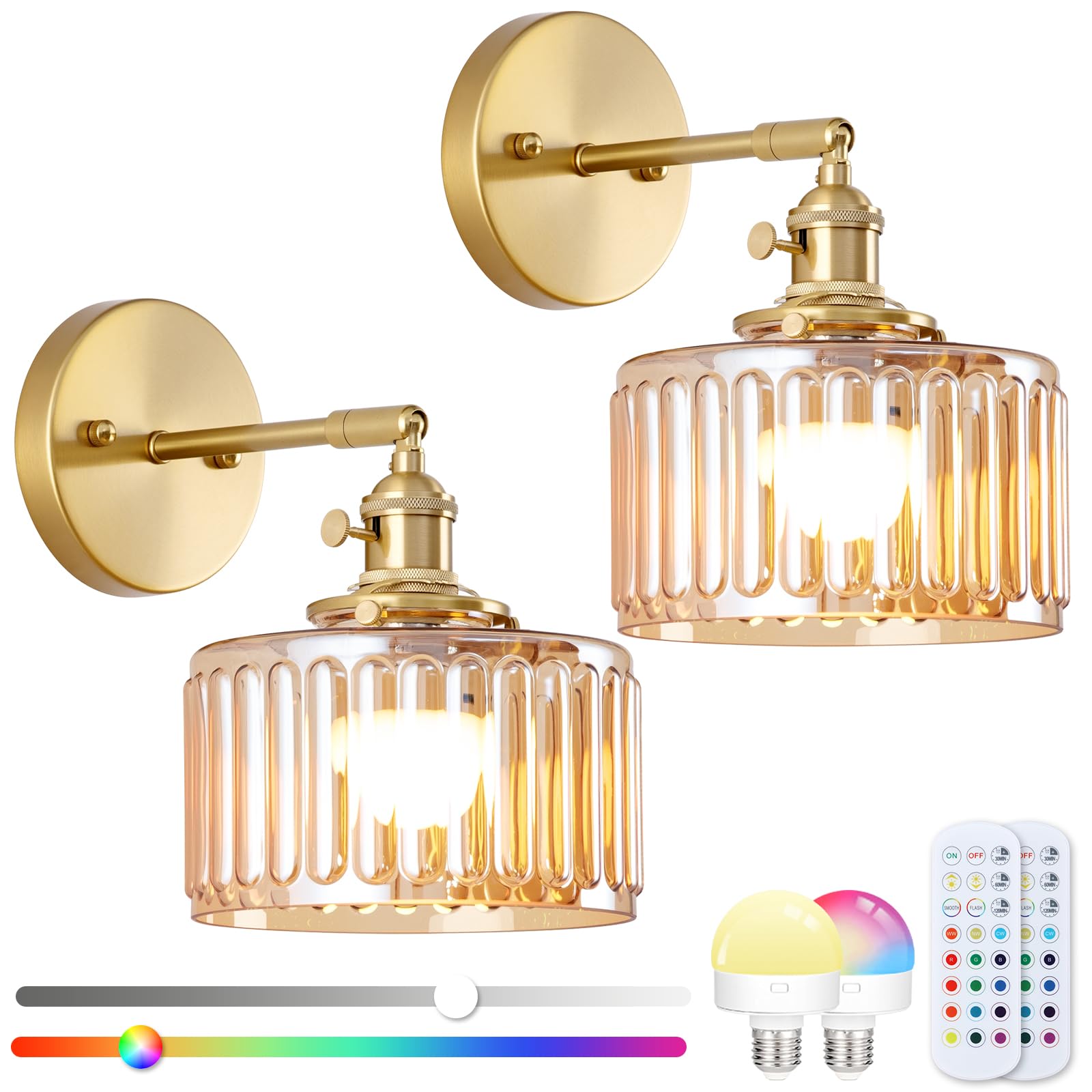 EIDEARAY Battery Operated Wall Sconce,Vintage Rechargeable Wall Light with Amber Glass Lampshade Wall Sconce with Remote Control for Bedroom,Living Room, Hallway, Aisle