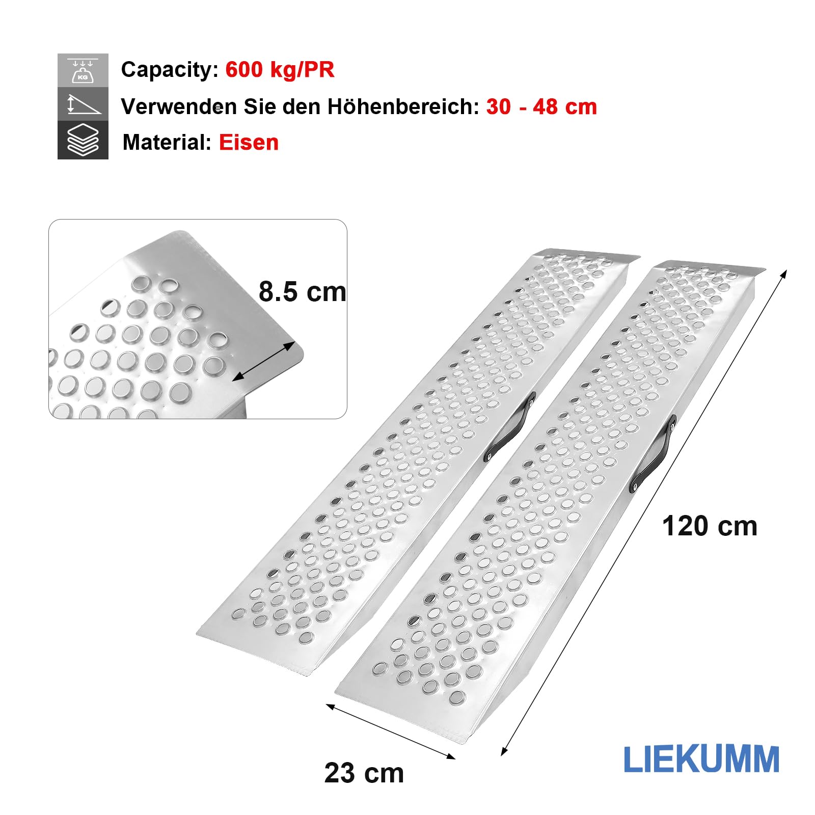 LIEKUMM Rampe de Chargement 120 cm Pliable x 2, Acier Solide Rampe Remorque | Capacité 600 kg, Inoxydable Antidérapant Stable Portable, Pour remorque, voiture, moto électrique, E-Vélo, Quads et Buggy