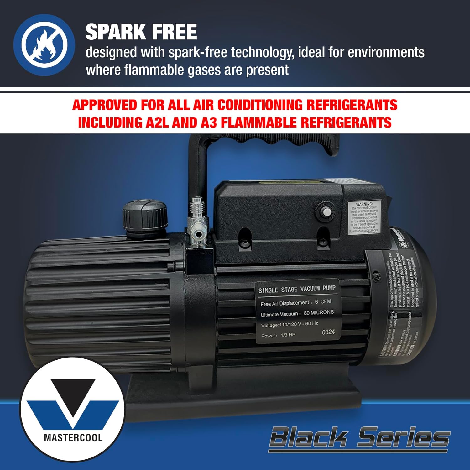 Mastercool 90066-BL-SF Black Series 6 CFM Single Stage Vacuum Pump, Spark-Free, Thermally Protected Motor, High-Volume Fan, and Oil Drain Valve – 110/120V, 60Hz