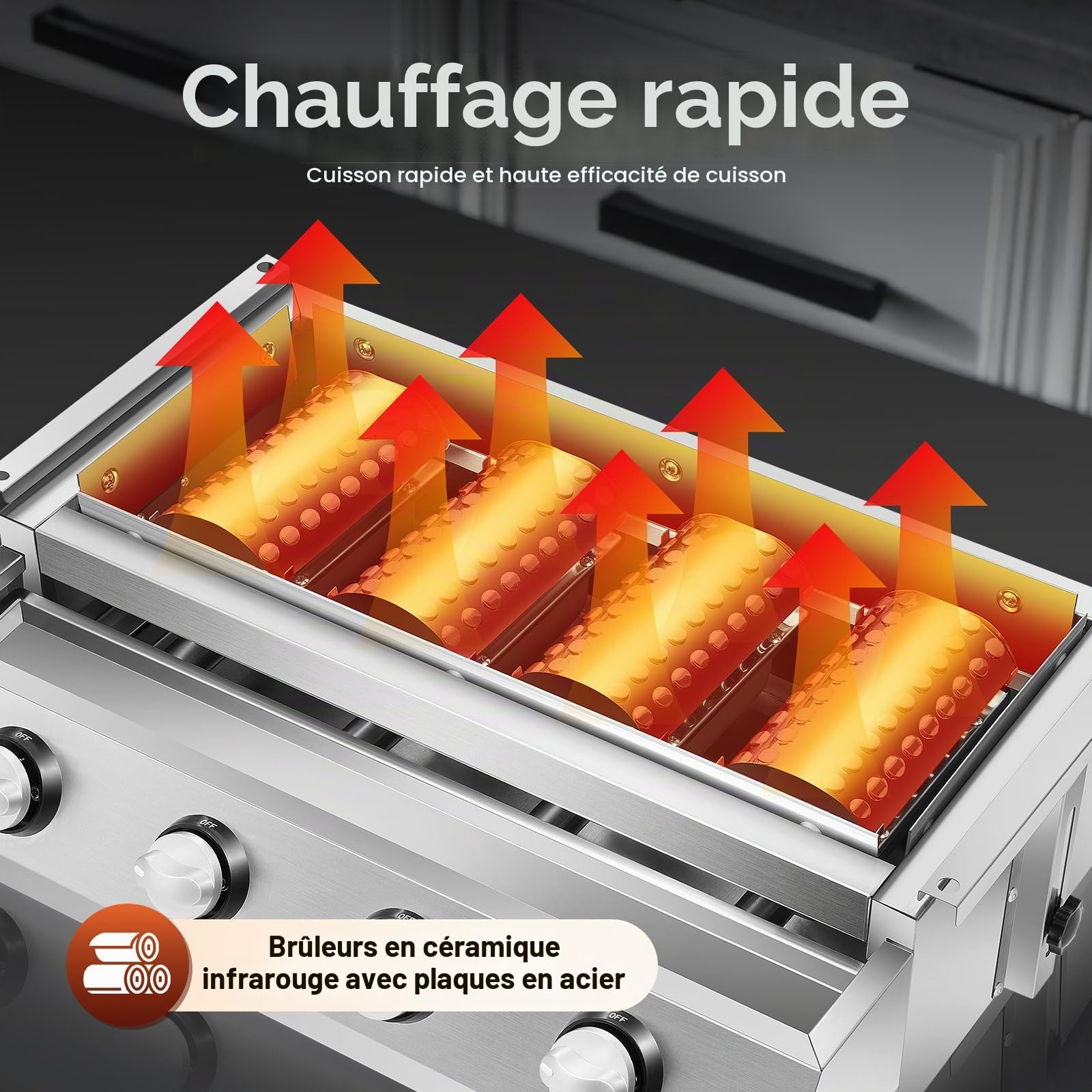 Barbecue à gaz professionnel en acier inoxydable avec grille de cuisson, hauteur réglable, barbecue à gaz amovible, 4 brûleurs, pour camping, balcon, jardin