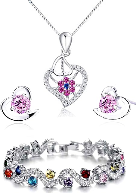 kaguyo love heart jewellery set silver necklace silver earrings silver bracelets Amethyst red pink blue white Crystal Heart Silver pendant Necklace + stud earrings sets gift for women girls with jewellery box silver chain
