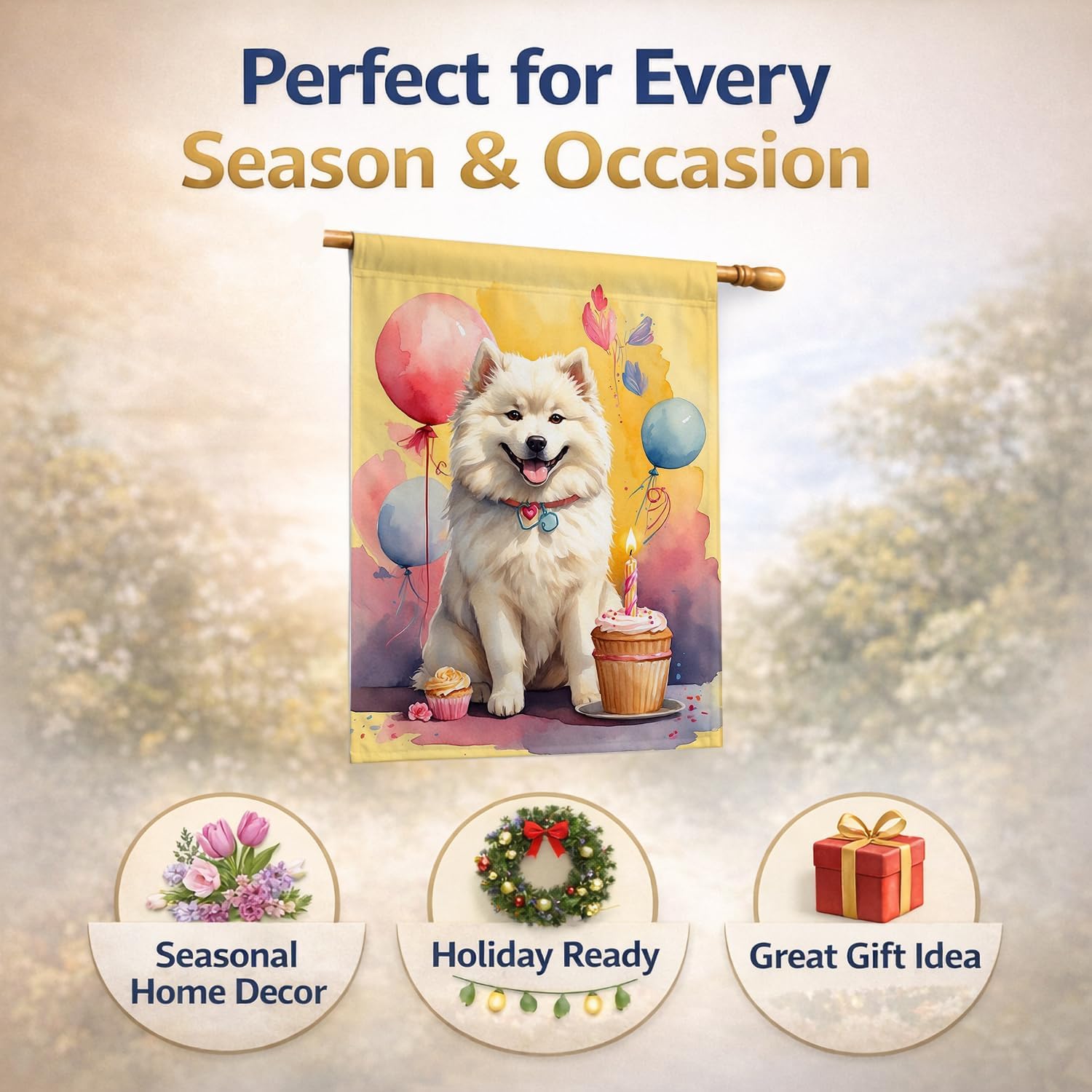 Caroline's Treasures Samoyed Happy Birthday House Flag Large Porch Sleeve Pole Decorative Outside Yard Banner Artwork Wall Hanging, Polyester, House Size, Multicolor