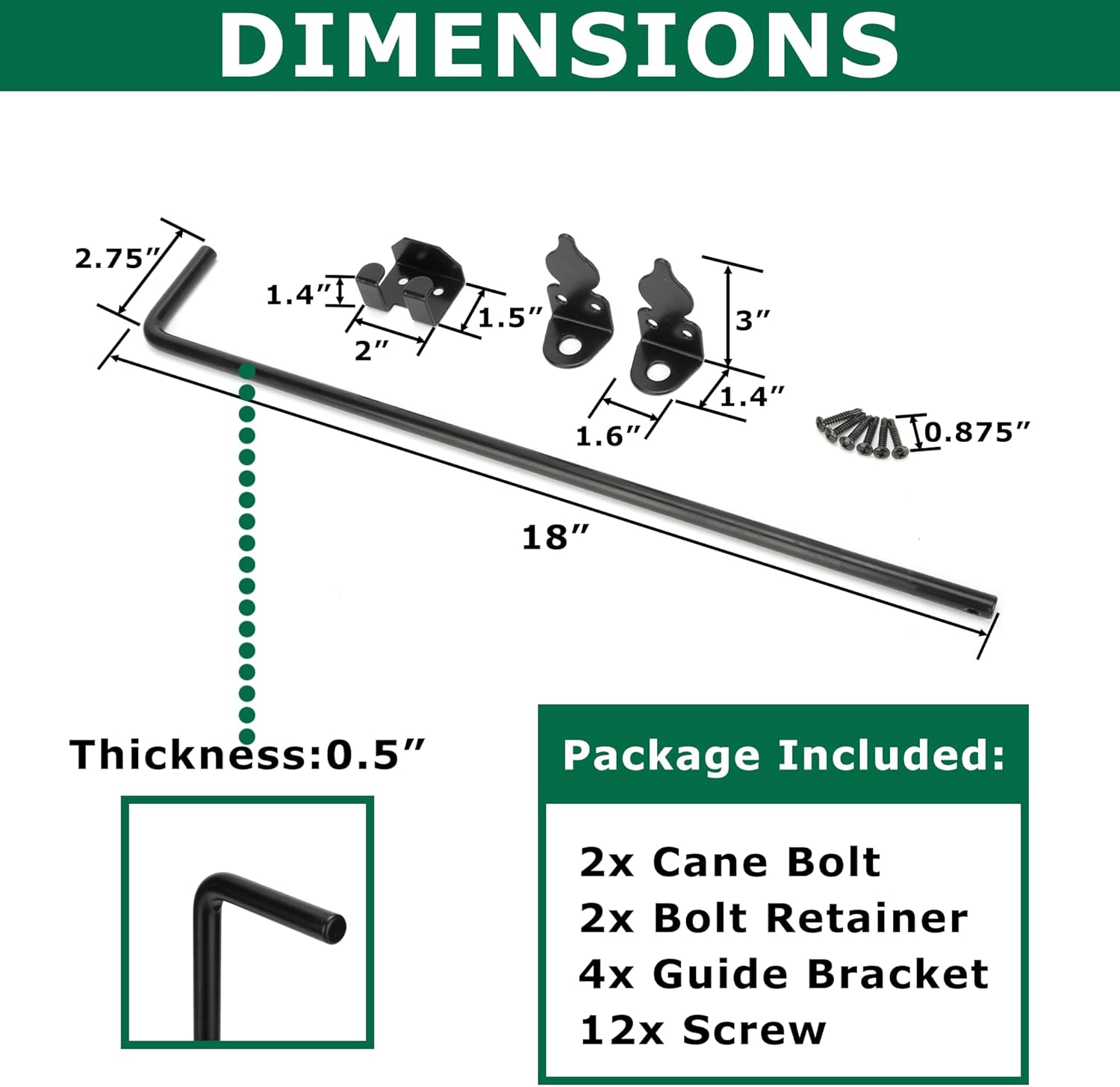 18" Heavy Duty Cane Bolt, Double Gate Latch with Black Finish, 2 Way Gate Drop Rod for Wood PVC Vinyl Metal Fences Gates Double Doors-2 Pack
