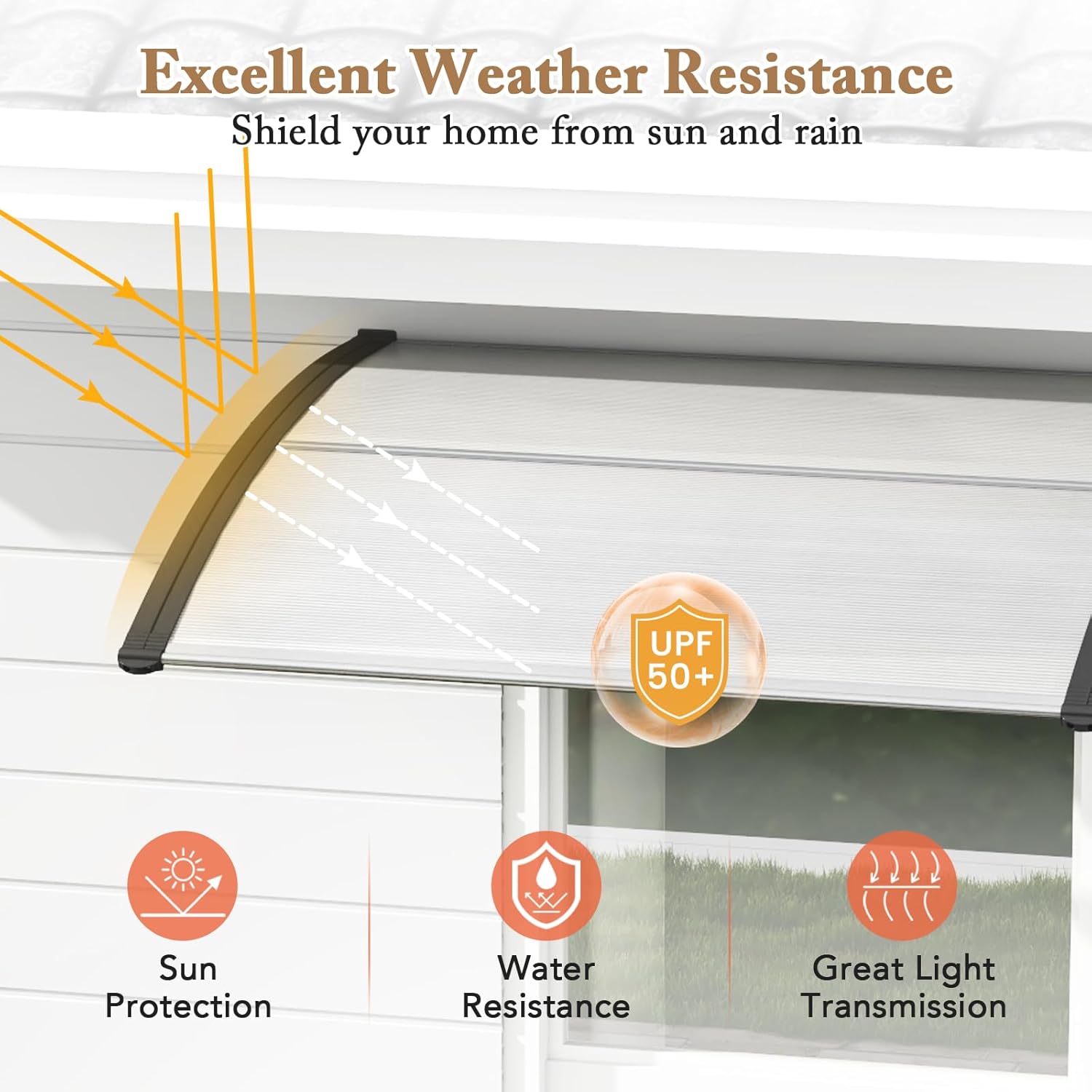 Graphic illustrating the canopy's excellent weather resistance, including sun protection, water resistance, and light transmission.