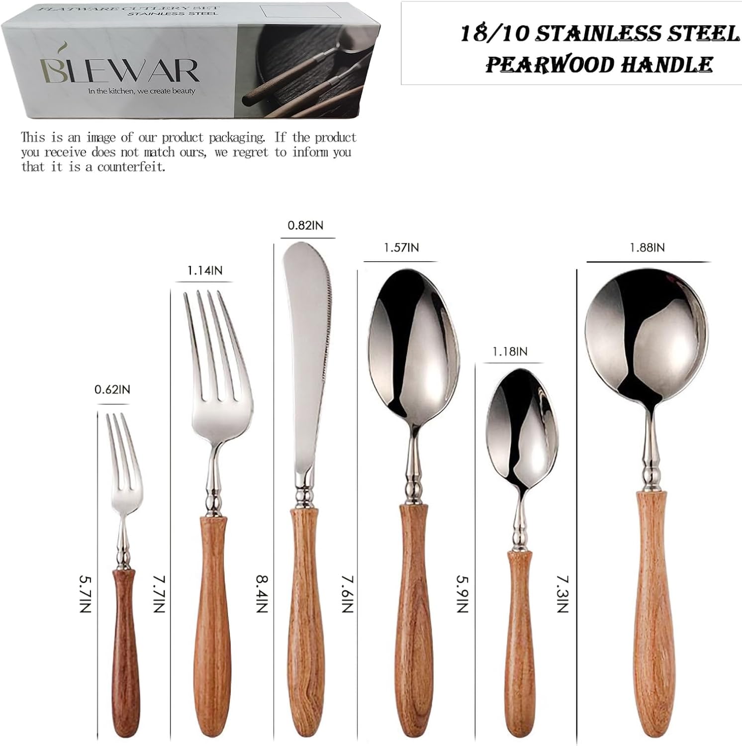 6-Piece Vintage Luxury 18/10 Stainless Steel Silverware Set with Pear Wood Handles – Elegant Mirror Polished Cutlery for One – Perfect for Dining (6 Piece for 1)