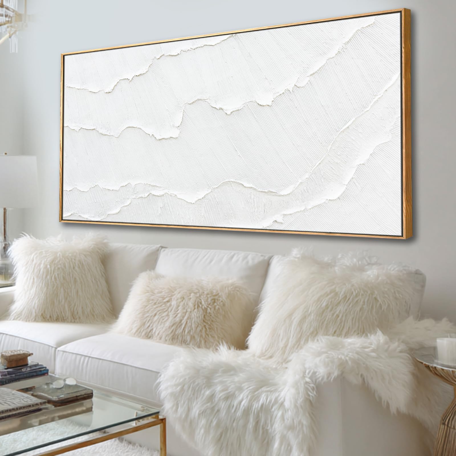 Photo 1 of Large Framed White Abstract Wave Canvas Wall Art for Living Room 29x58 Inch
