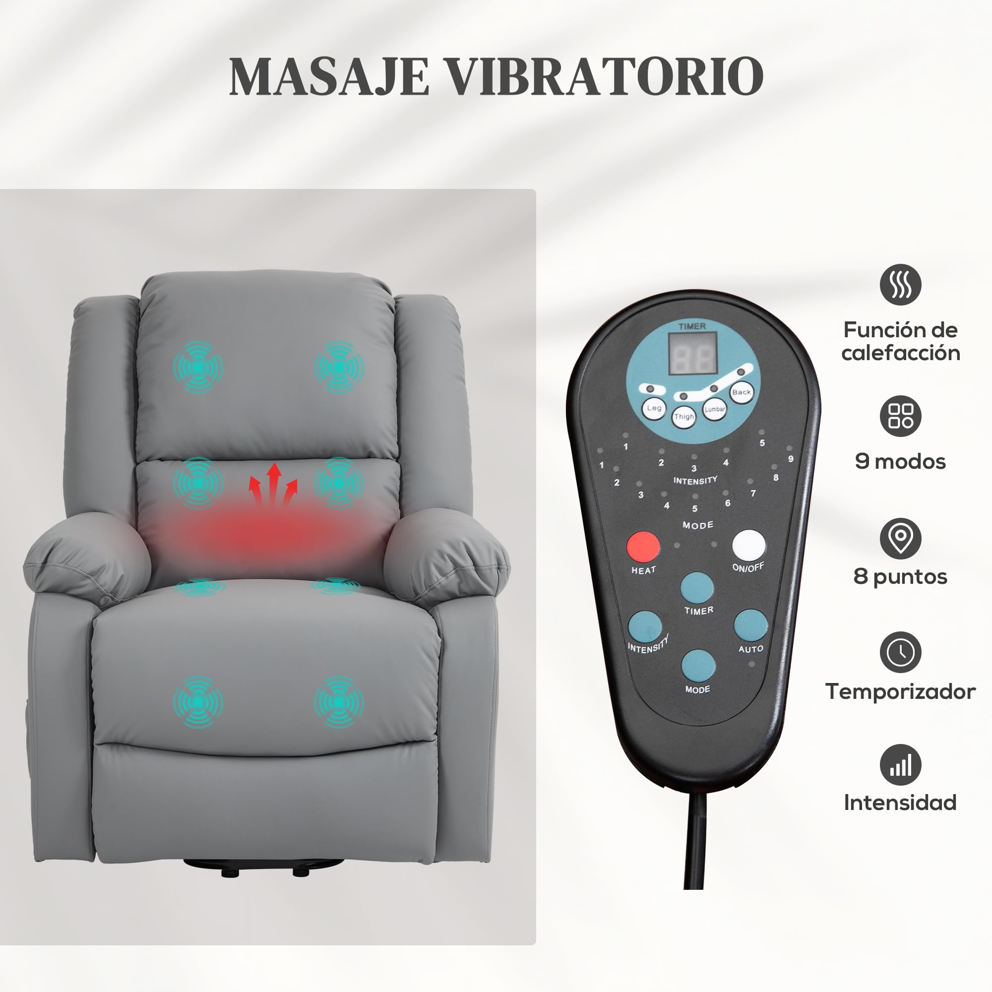 HOMCOM Sillón Relax Reclinable Eléctrico Levanta Personas Sillón Elevador con 8 Punto de Masaje Calor Lumbar 2 Controles Remotos Reposapiés Tela Resistente a los Arañazos y Bolsillo Lateral Gris