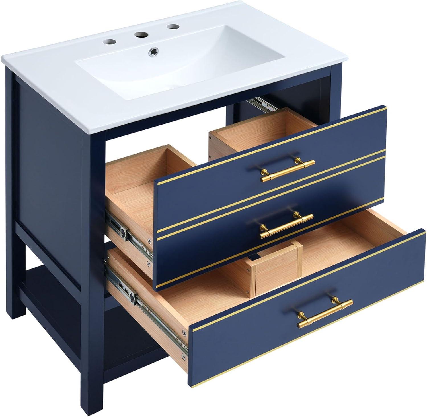 Modern 30inch Bathroom Vanity Cabinet Combo with Open Storge, and Two Drawers, Small Bathroom Organizer Storage Cabinet with Ceramic Basin, Single Basin Bathroom Vanity with Solid Wood Frame, Blue