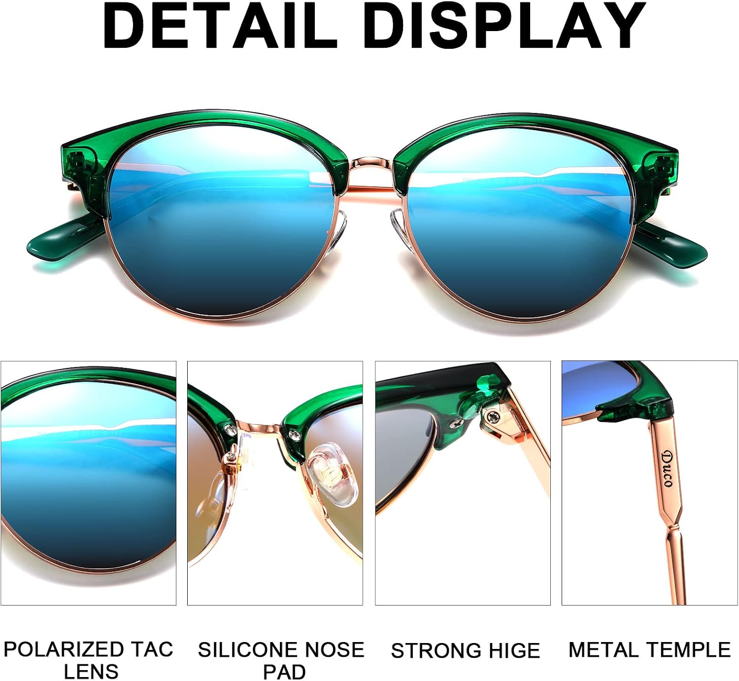 DUCO Retro Polarized Sunglasses for Women Semi Rimless Sun Glasses for Small Face Vintage Half Frame Shades 1221