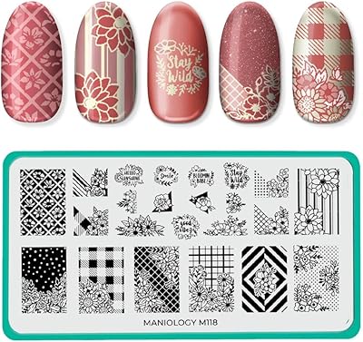 Maniology Petal Pusher (M118) Nail Stamping Plate, Spring Occasions Flower Manicure, Floral and Plaid Nail Art Designs