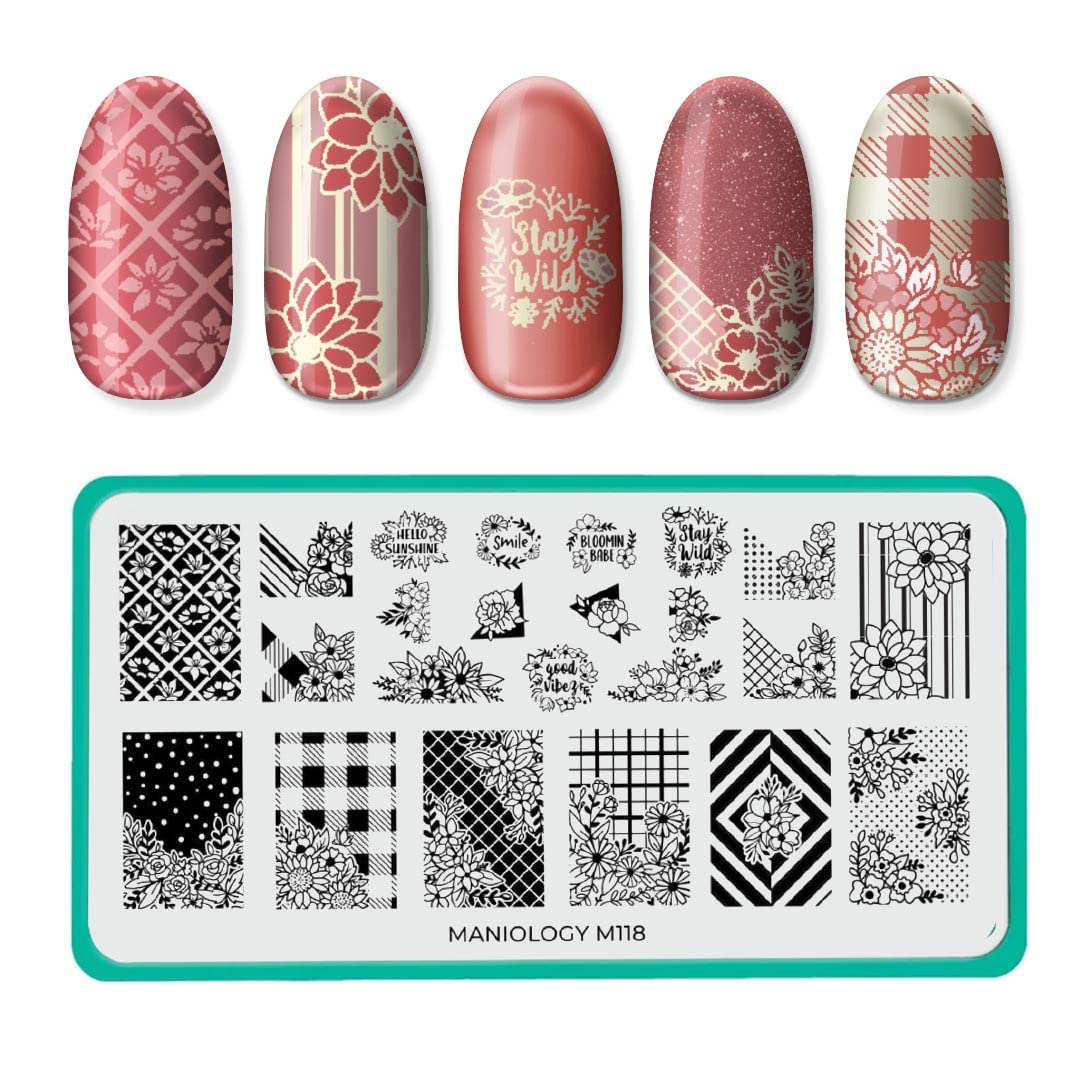 Maniology Petal Pusher (M118) Nail Stamping Plate, Spring Occasions Flower Manicure, Floral and Plaid Nail Art Designs