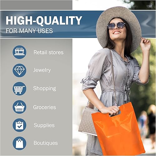 Miniatura 5 de Orange Merchandise - Bolsas de plástico para compras, paquete de 100 unidades de 12 x 18 pulgadas con 2 mil de grosor, asas troqueladas, perfectas