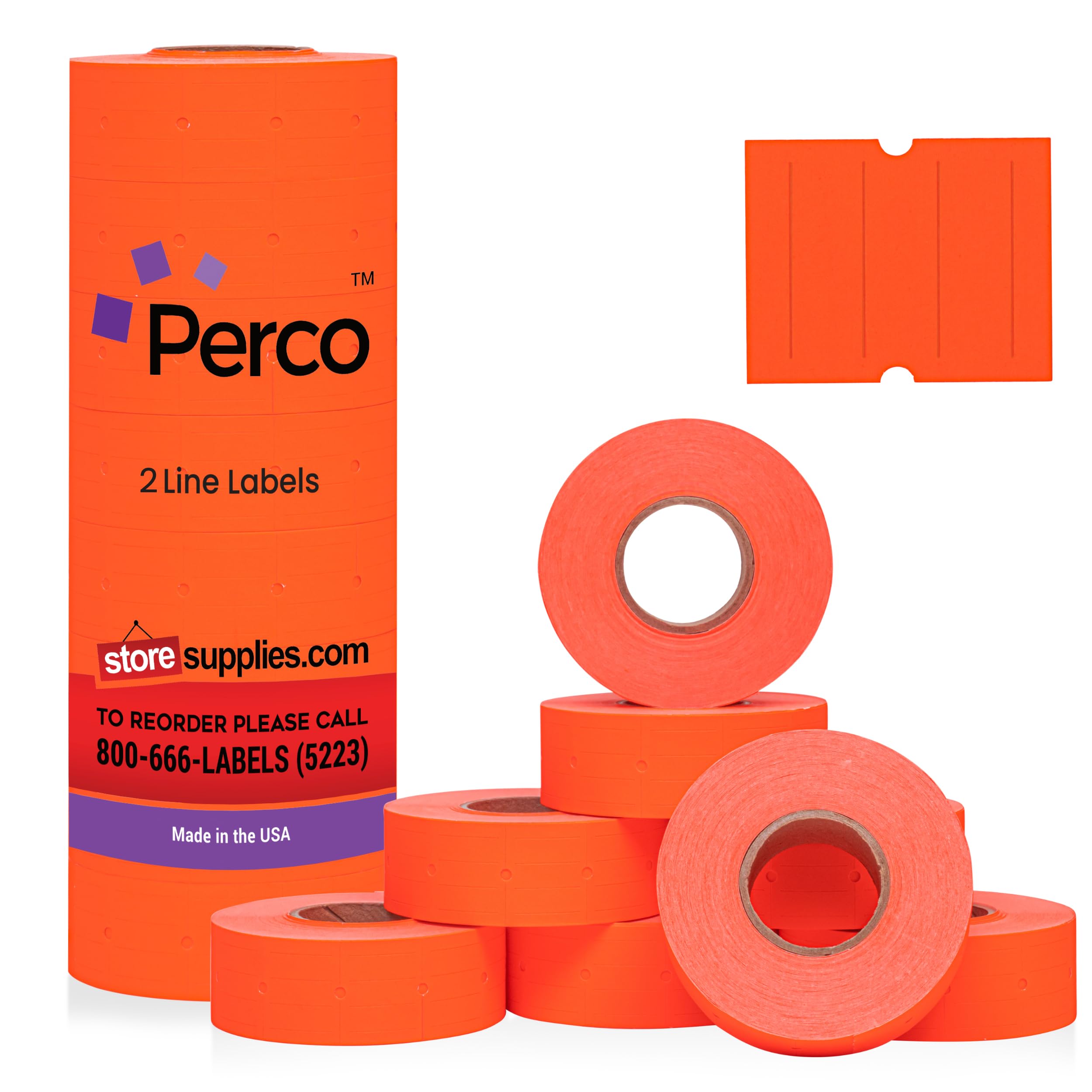 Perco 2 Line Fluorescent Red Labels - 8 Rolls, 1 Sleeve, 6,000 Blank Price and Date Gun Labels for Perco 2 Line Price and Date Guns - Made in USA
