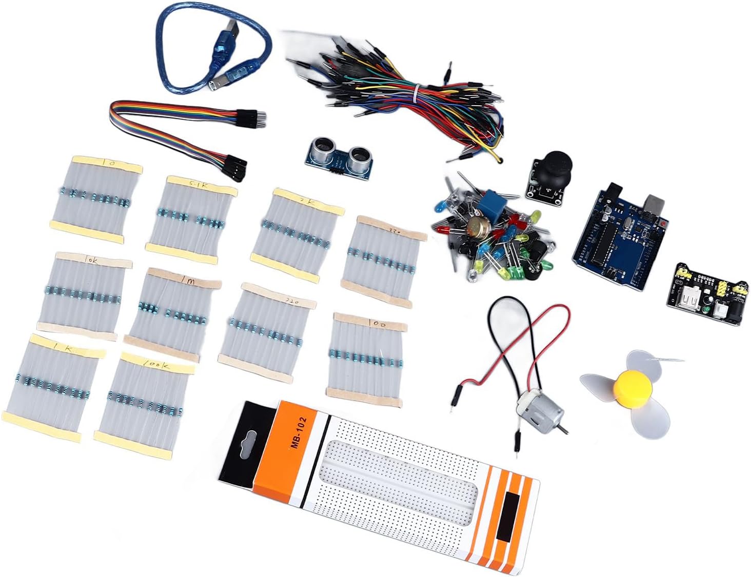 830 Hole Multifunctional Development Board Kit Compatible with R3 - Prototyping Module Set with Colored LEDs, Photoresistors, Thermistors, Buzzers, and Resistors - ABS Material