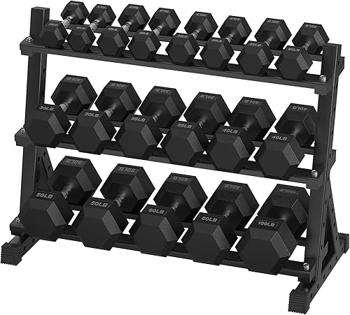 Juego de mancuernas hexagonales con estante, 290-670 libras con revestimiento de goma, juego de mancuernas para ejercicio y fitness, peso de mano