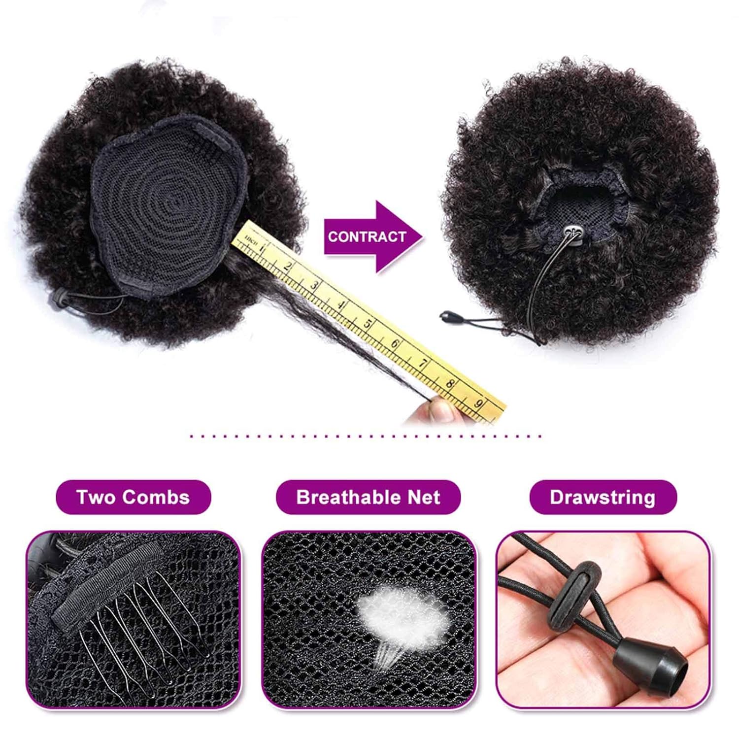 Afro Buns for Black Women 100% Brazilian Human Hair 30# Kinky Curly Afro Puff Drawstring Ponytail Hair Dark Brown Bun Extensions for Women