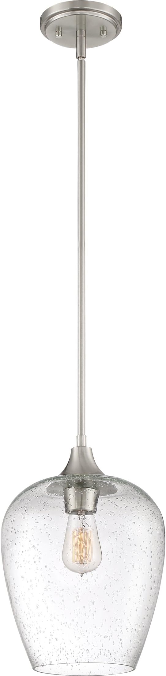 Towne 1-Light Brushed Nickel Mini Pendant Light with Clear Seeded Glass Shade, Sloped Ceiling Compatible Hanging Light, Damp Location Rated Ceiling Light