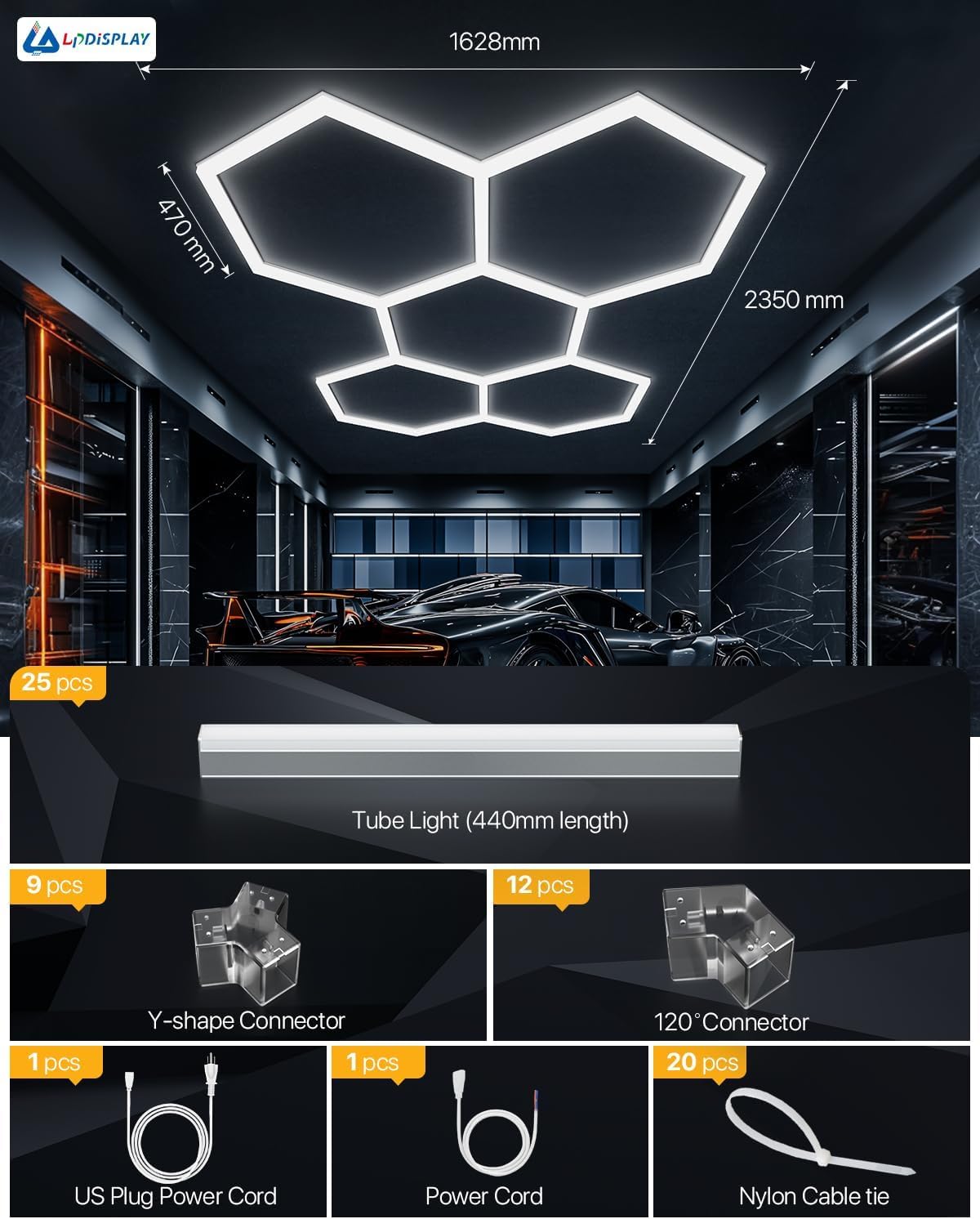 25 Pack Hexagon LED Garage Lights, 6500K Kaltweiß, 3-Stufige Dimmfunktion (30%/60%/100%) , für Garage, Lagerhallen, Werkstätten, Gym, Keller, Autowäschen