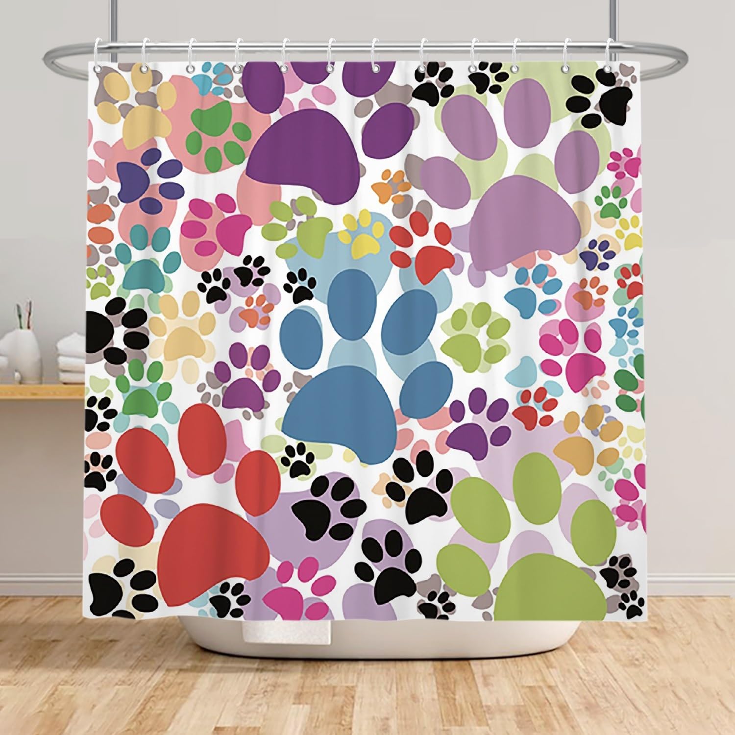 Xiaoterna Dog Paws Shower Curtain Cute Dog Pet Paws Animal Lover Claw Footprint Bathroom Curtain Colorful Cartoon Dog Cat Paw Mould and Mildew Resistant Machine Washable Shower Curtain 180x220cm - Image 3