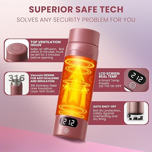 Miniatura 4 de Hervidor eléctrico de viaje, mini tetera portátil, acero inoxidable 316, 16.91 onzas, pequeña caldera de agua caliente con 4 ajustes de temperatura,