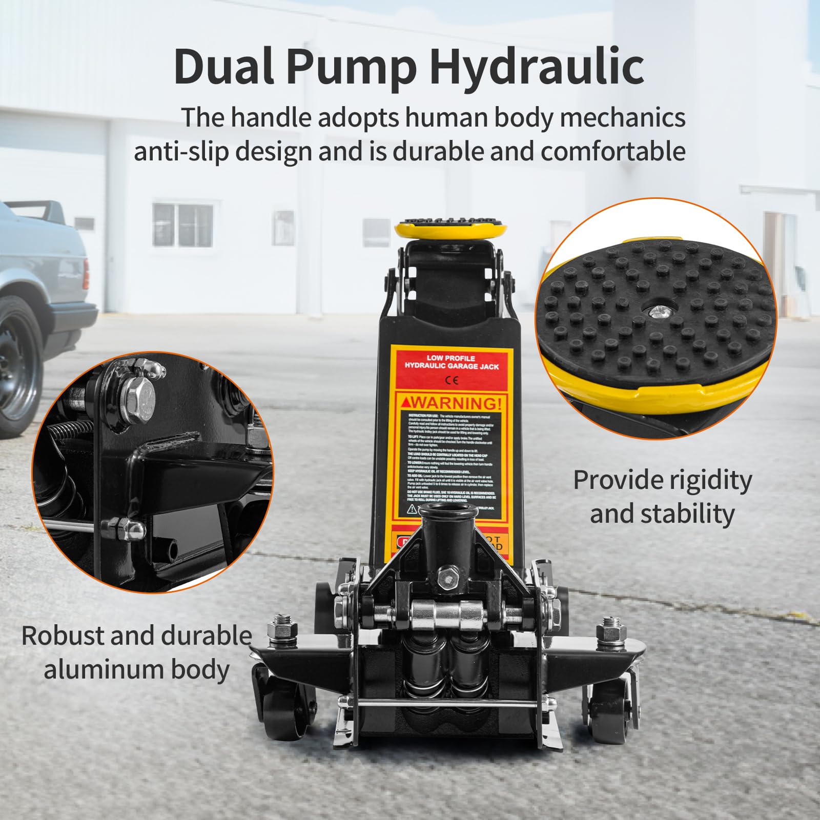3 Tonne Trolley Jack Hydraulic Car Jack, Low Profile Floor for Car Van, Heavy-Duty Steel Hydraulic Lift with Dual Pump System, Handle Swivel Wheels, High Lift Garage (Yellow) — view 5