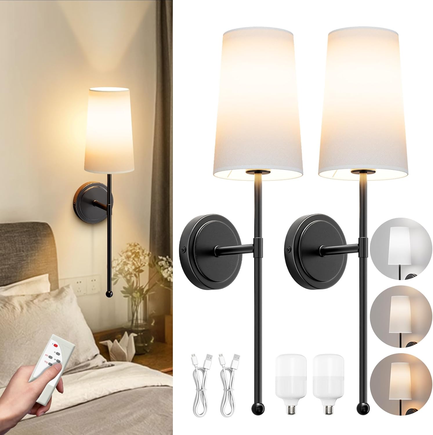 Aipsun 2 Packs Black Battery Operated Wall Sconce, Modern Rechargeable Wireless Wall Lights Indoor Dimmable LED Wall Mount Light 3 Color Temperatures (Bulbs Included)