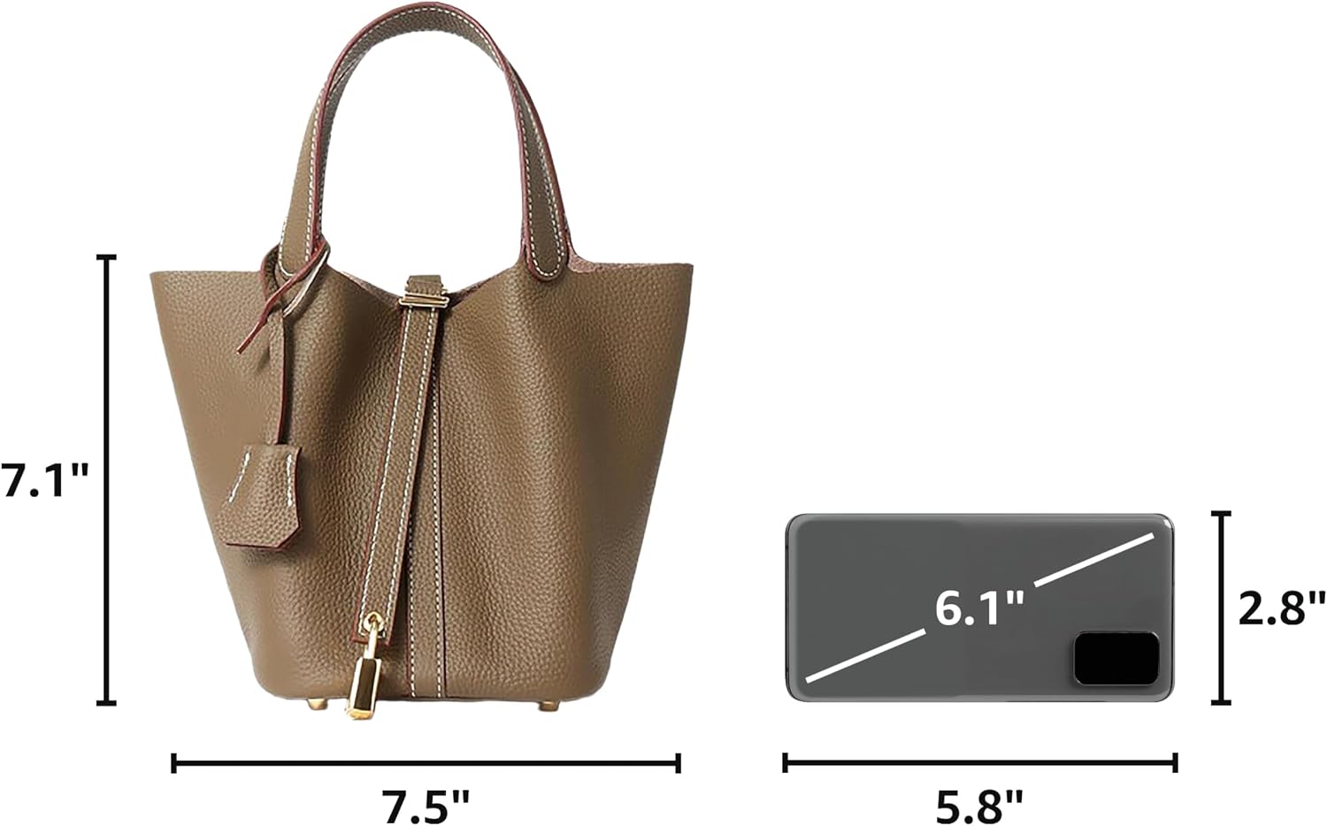 Genuine Leather Bucket Bag, Top-Handle Satchel Handbag with Lock image 3