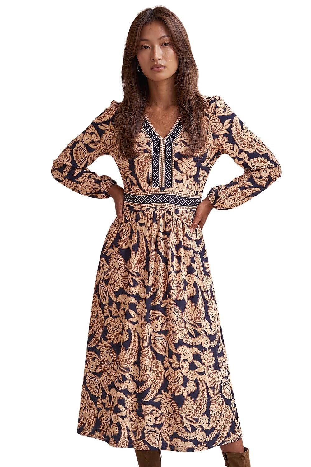 Roman Originals Floral Border Print Midi Dress for Women UK - Ladies Everyday Autumn Winter V-Neckline Comfy Soft Evening Vacation Work Party Night Out - Tan - Size 16