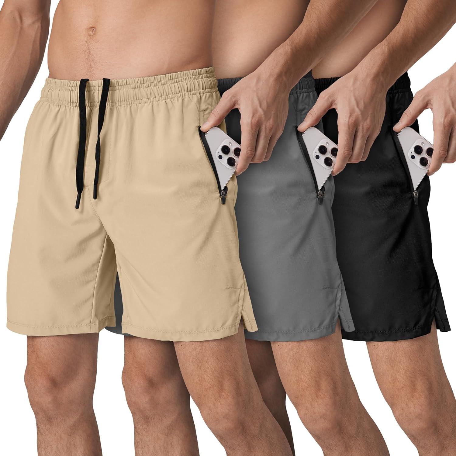 Loofure Mens Athletic Running Shorts 3 Pack Quick Dry Gym Workout Sports Pajama Shorts for Men with Zipper Pockets Drawstring