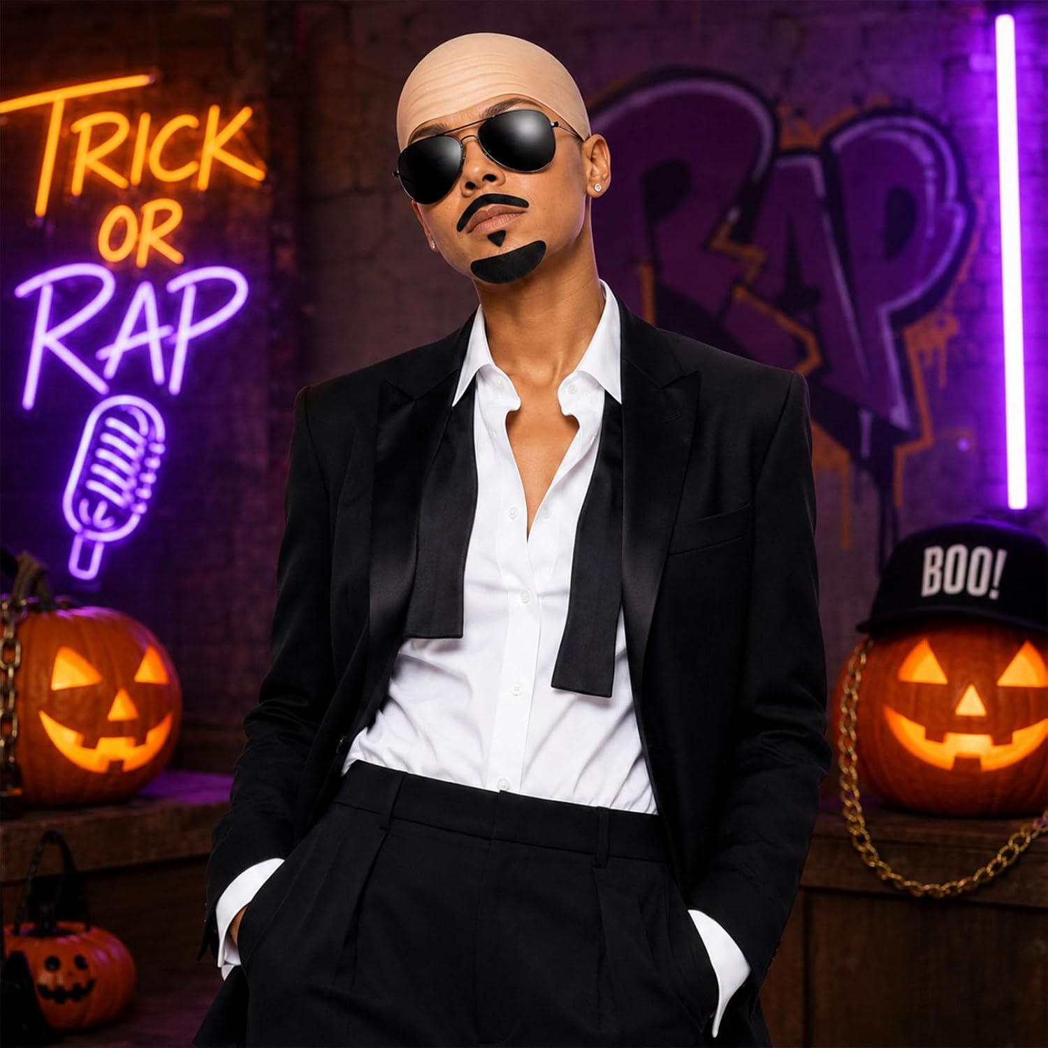4 Pcs Bald Cap Costume Set with Glasses Mustache Sunglasses Hip Hop Music Singer Rap Artist for Men Women Adult Halloween Festival Concert Cosplay