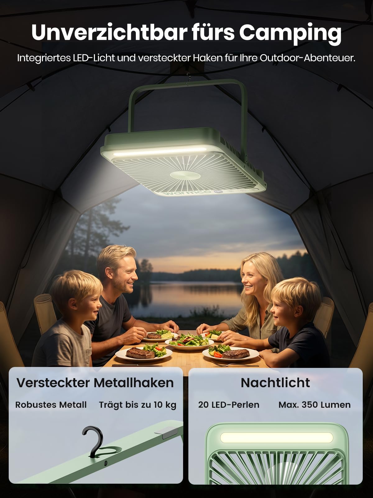 Warmco D4 Max Akku Camping Ventilator 20000mAh, 45W Schnellladung, 8H Timer | 2,5 Std. Volladung, LED-Laterne & Haken, Leiser Ultraflacher Tragbarer Ventilator Für Zelt, Wohnmobil, Schlafzimmer