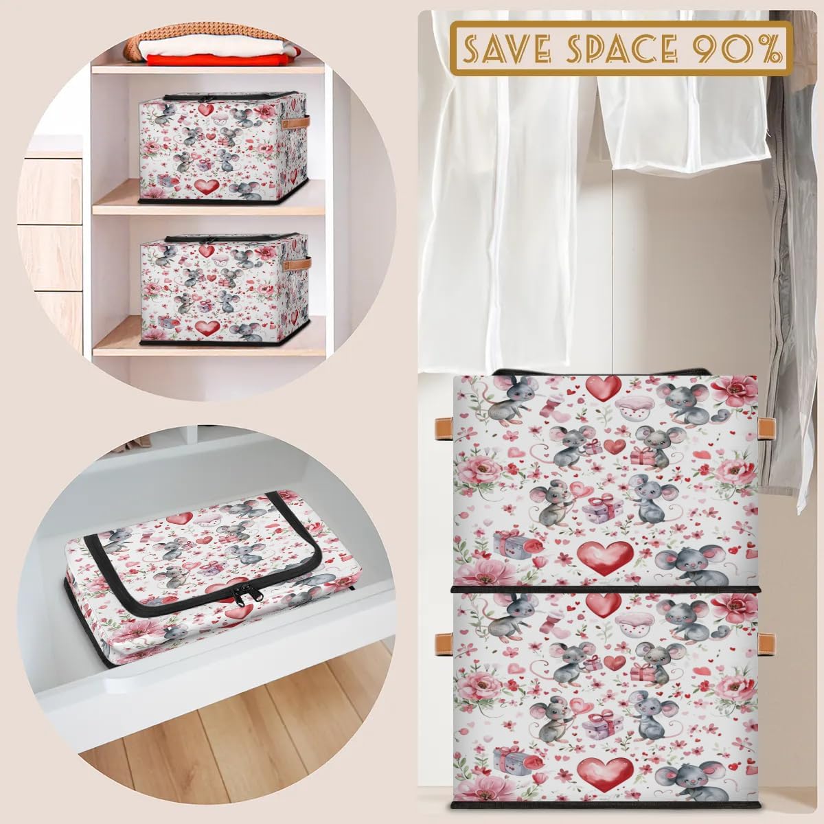 Cute Love Mouses Storage Box with Lid and Handles Foldable Cloth Storage Basket Bin Bags for Shelves Closet Shelf Toys Clothes Bed Sheets Organizer 2 Pack