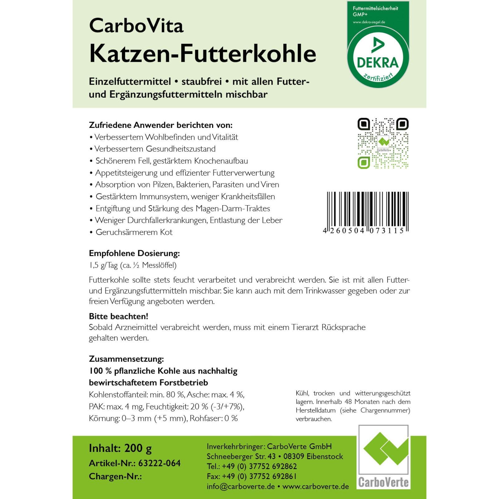 CarboVerte Katzen Futterkohle 200 g – Natürliche Hilfe bei Durchfall & sensibler Verdauung, entgiftet den Magen-Darm-Trakt, neutral im Geschmack & gut verträglich