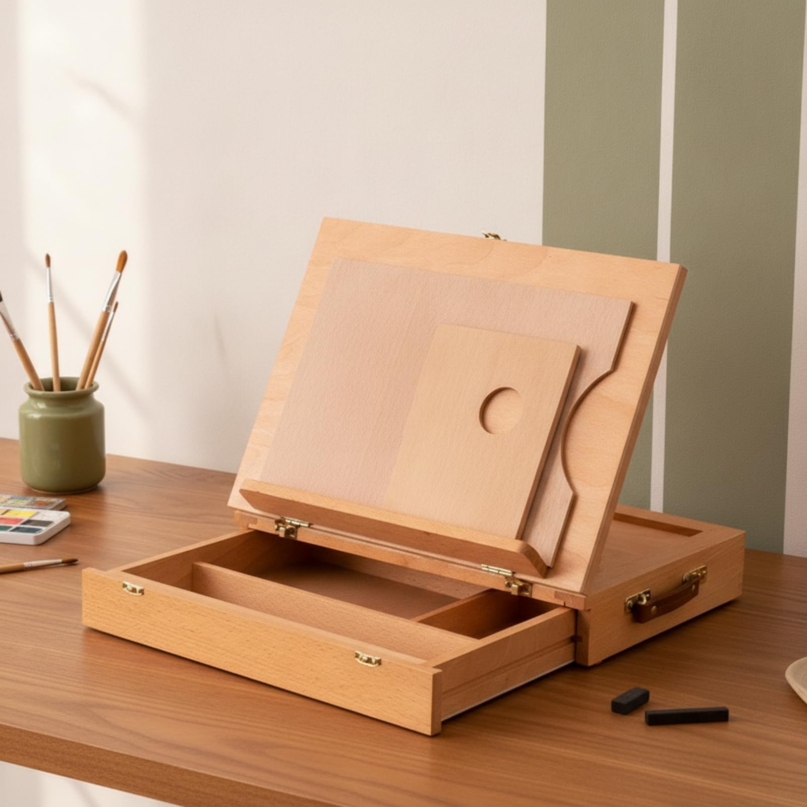 perfk Caballete de Arte Portátil Caballete Mesa Caja Dibujo Organizador Pintura con Tapa Plegable y Ángulo Regulable Madera Adecuado para Estudiantes Artistas Clases Estudio Exteriores