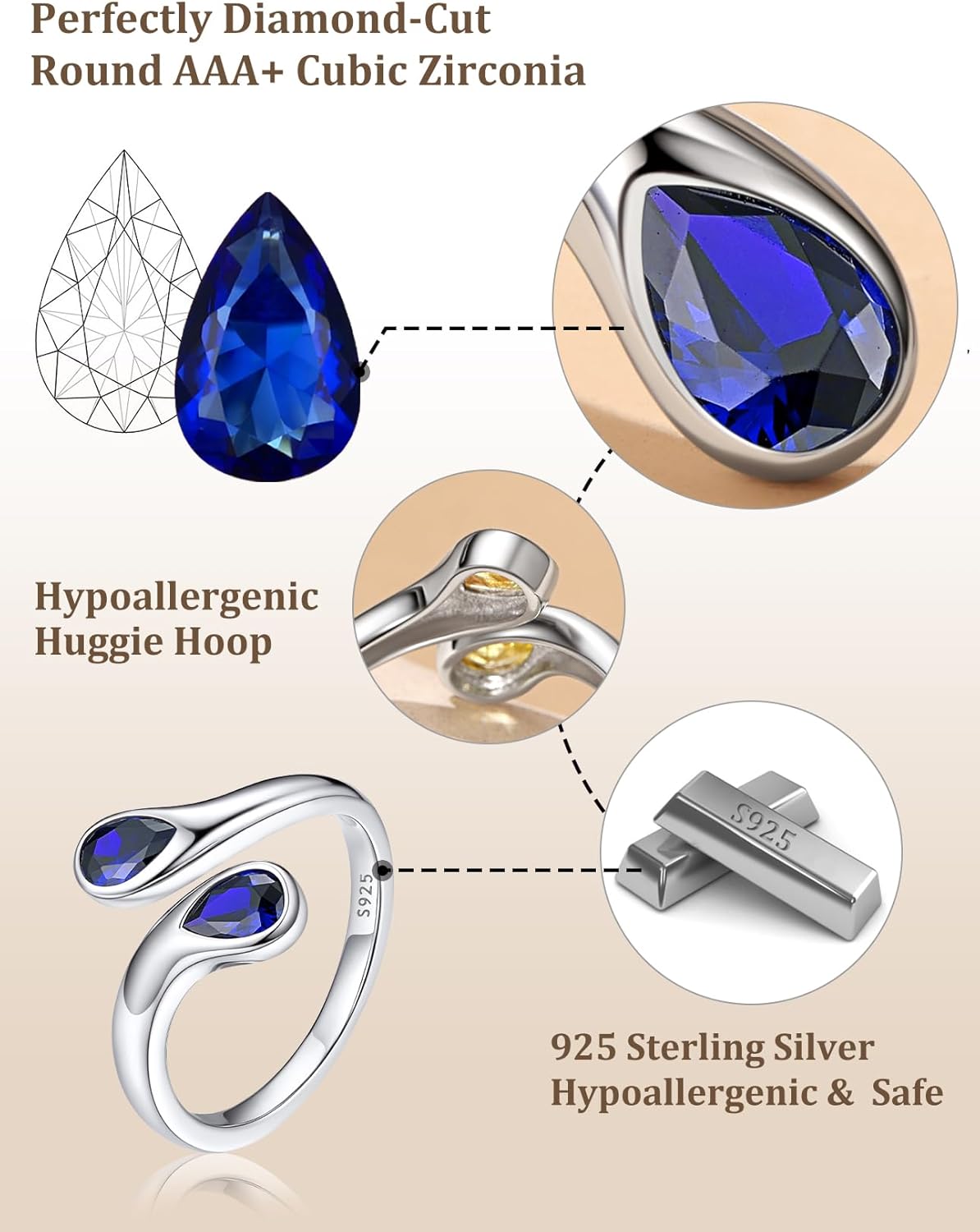 Bestyle Silver Birthstone Ring for Women, Dainty Sterling Silver Teardrop Ring Open Adjustable Band Ring, Love Statement TOI et Moi Ring Promise Ring for Her