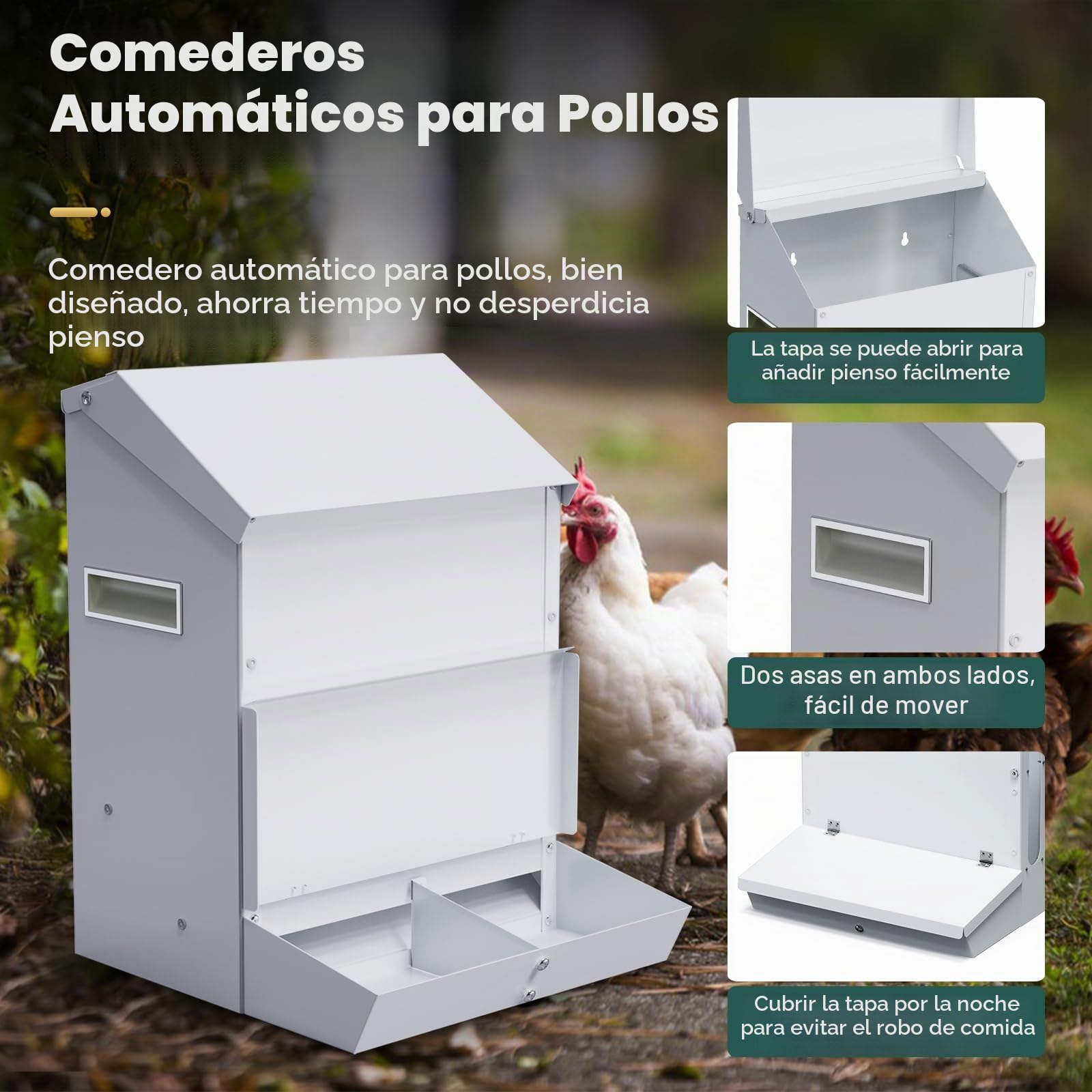 25LB Comederos Automáticos para Pollos de Acero Inoxidable Sin Residuos Alimentador Automático de Aves de Corral con Tapa Comedero Para Pollos Fácil de Limpiar