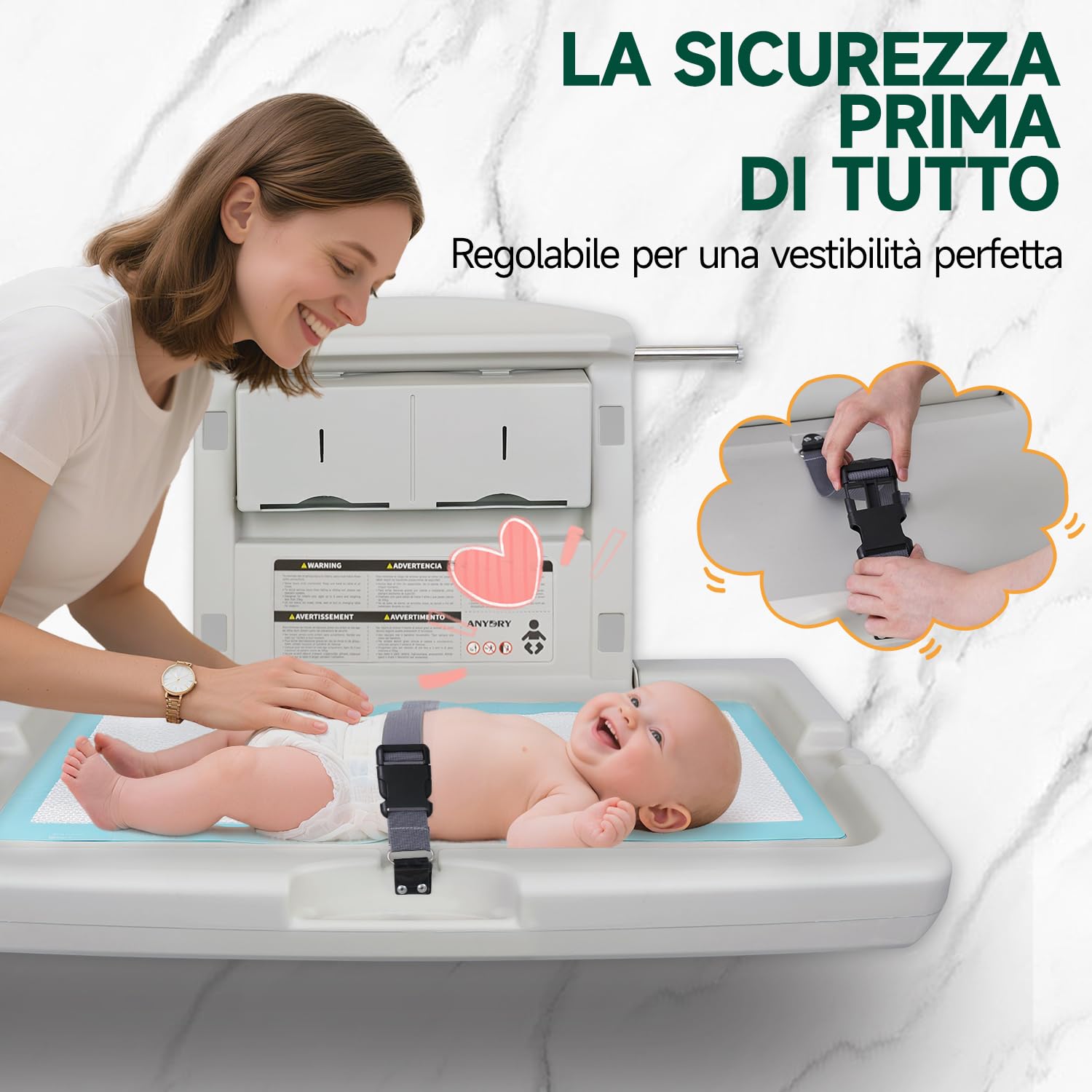 anydry Stazione per cambio neonati a parete resistente, Design Heavy-Duty con cinture di sicurezza, Ripiegabile per risparmio spazio, in elegante bianco grigiastro